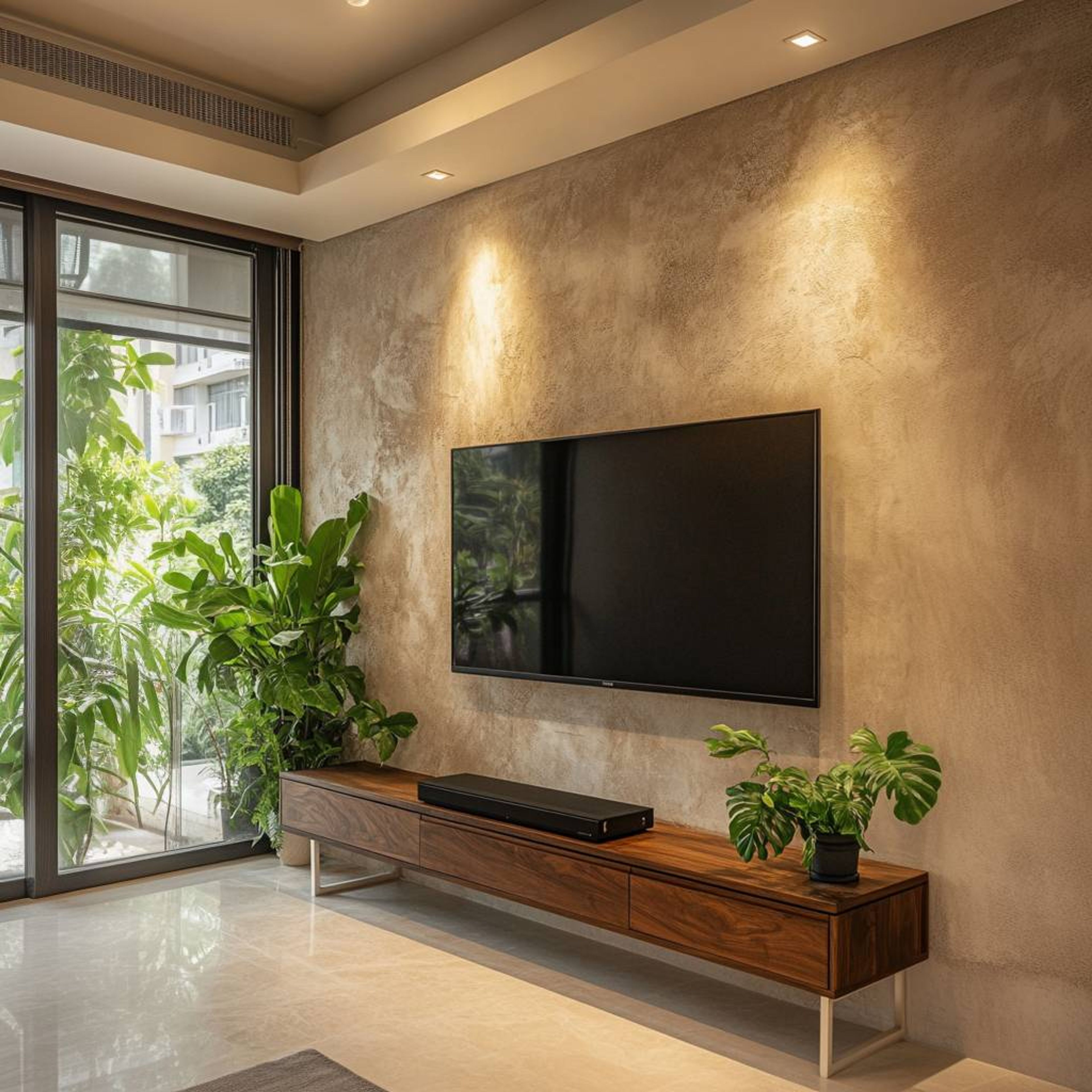 Contemporary TV Unit Design in Suede Finish with Wooden Storage