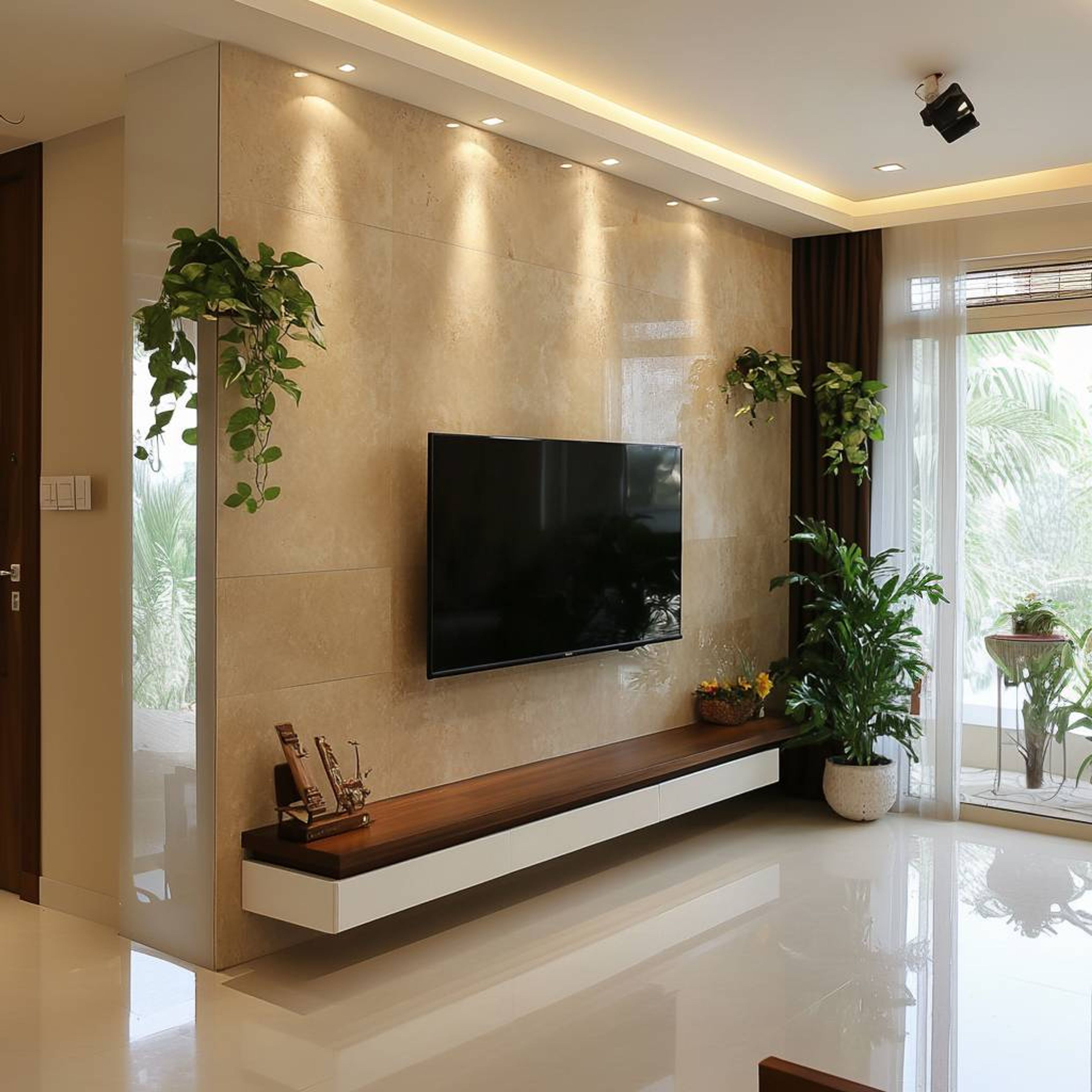 TV wall with marble-patterned backdrop, floating cabinet, and soft ambient lighting