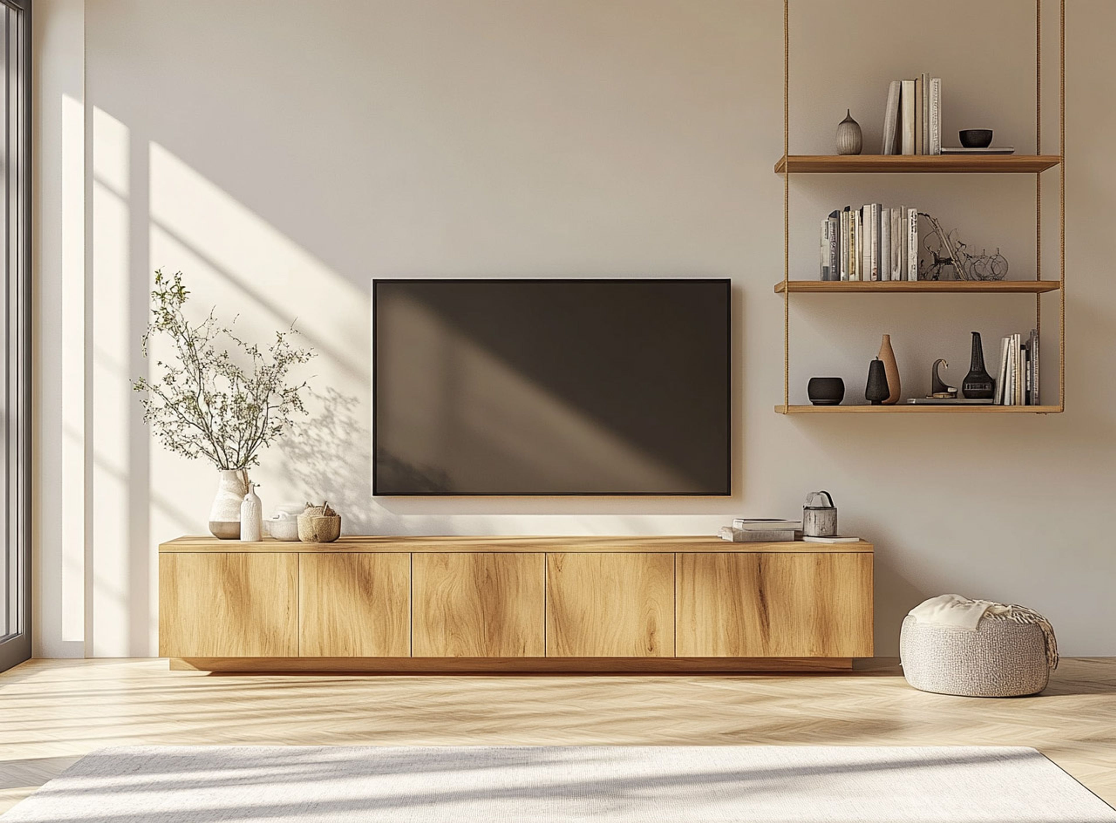 Brown TV Unit Design with Suede Finish and Floating Shelves