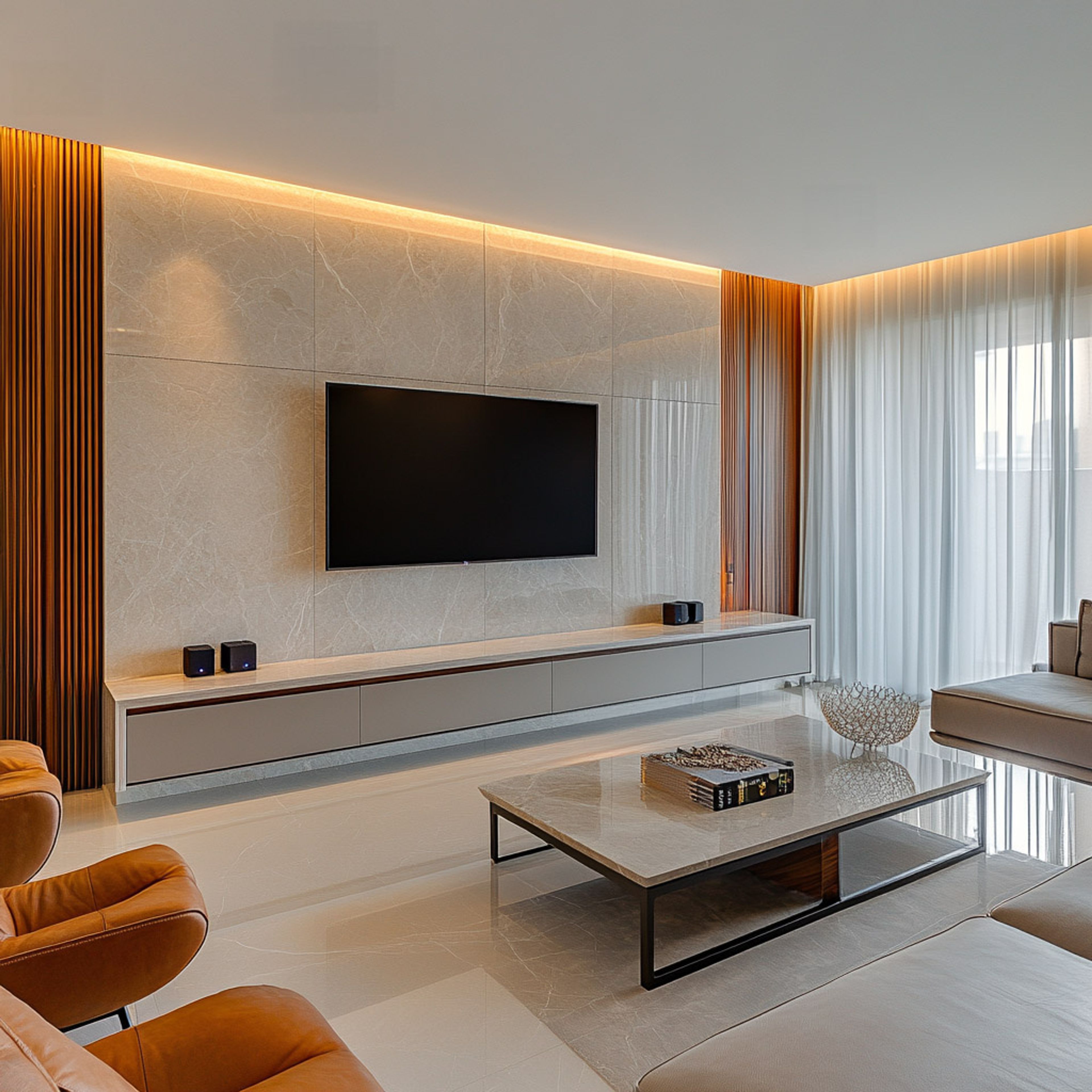 Beige TV Unit Design with Storage and Marble Accent Wall