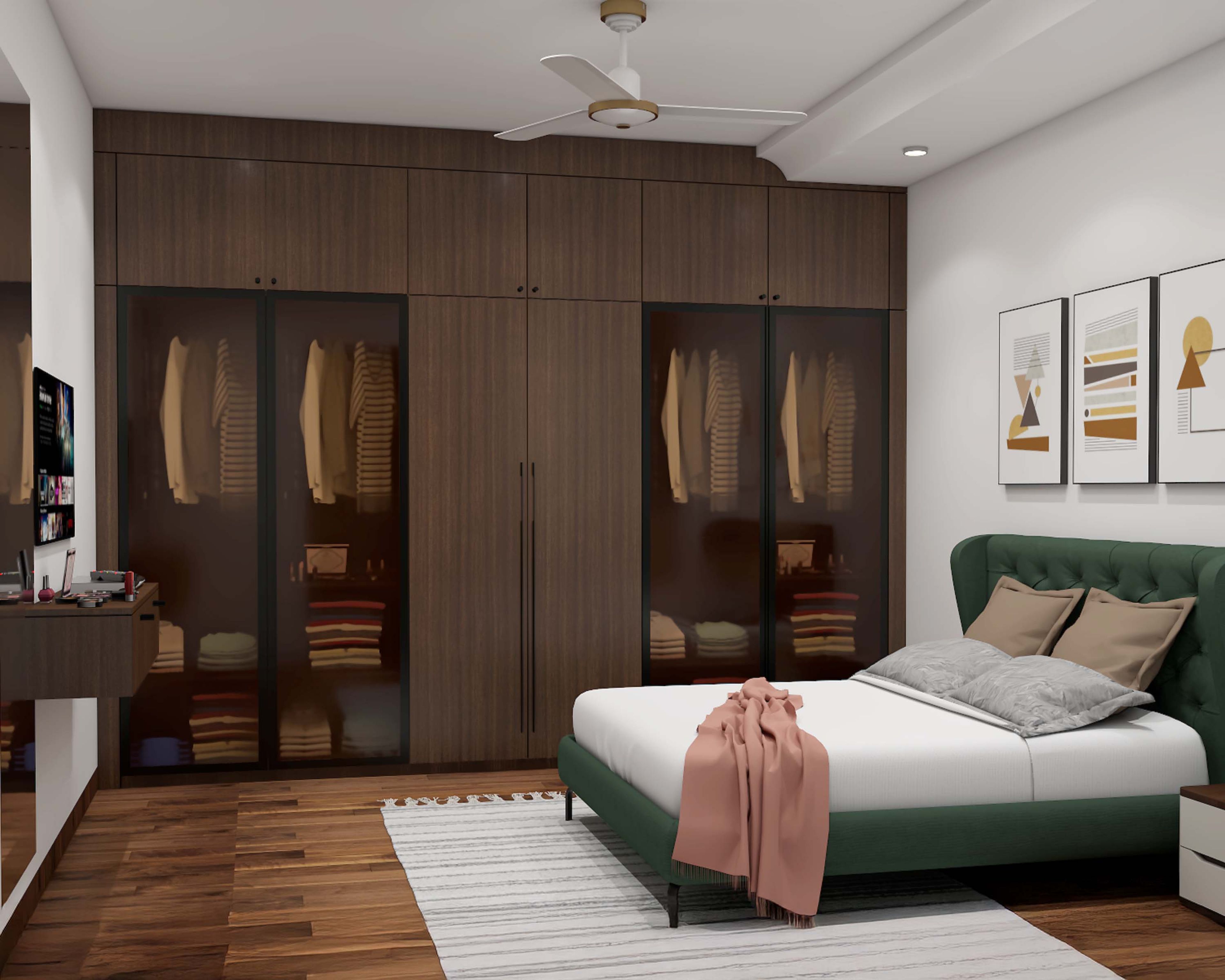 6-Door Modern Swing Wardrobe Design with Glass and Wood Finish