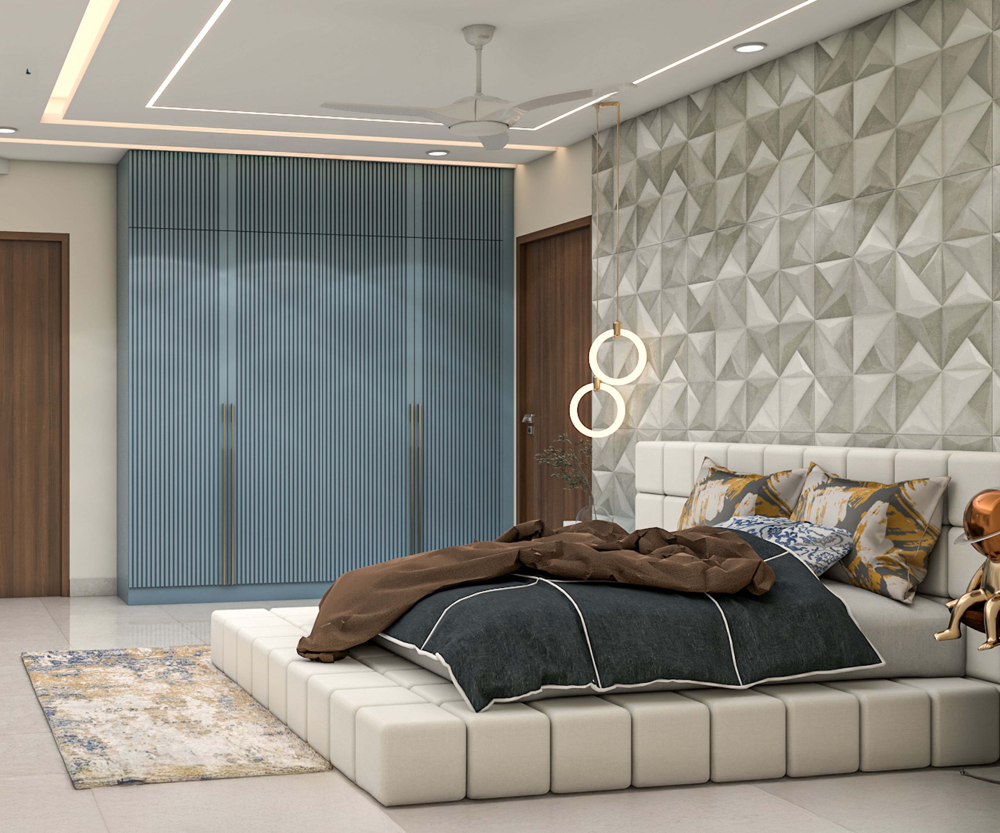 Fluted Denim Colour Swing Wardrobe Design for Modern Bedrooms
