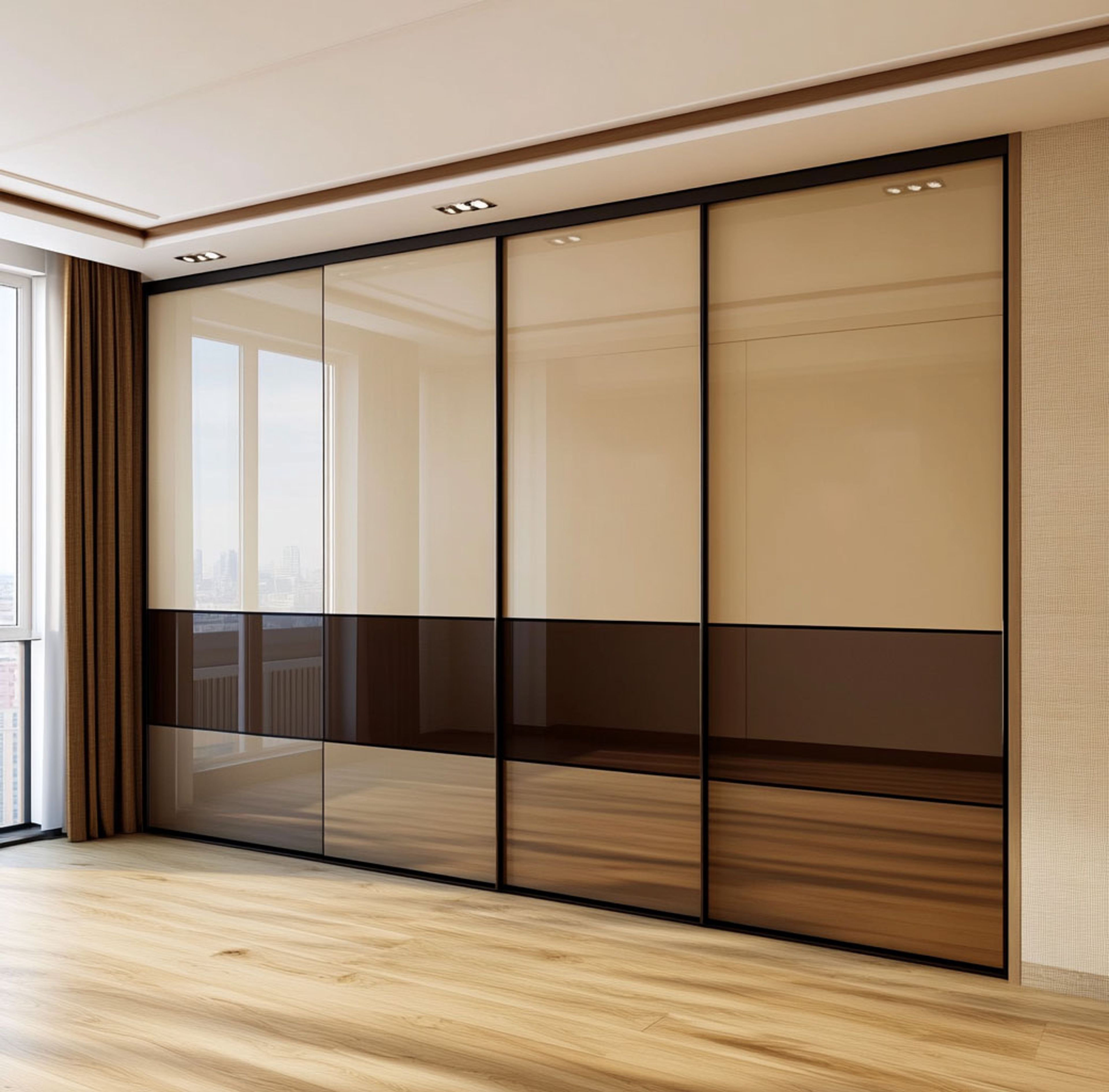 4-Door Sliding Wardrobe Design with Lacquered Glass Shutters