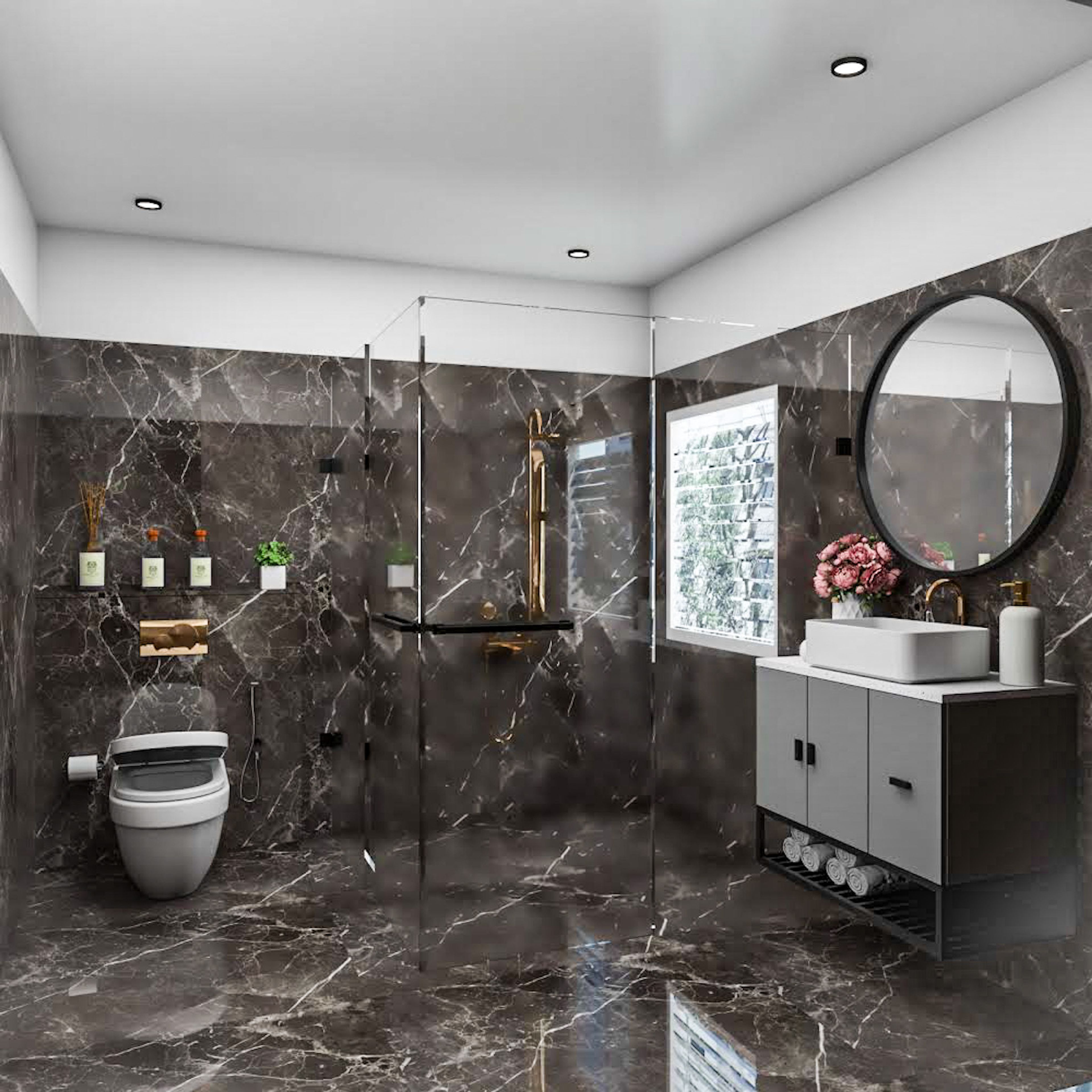 Dark Grey Tiles Contemporary Bathroom Design Featuring Round Mirror and Floating Vanity