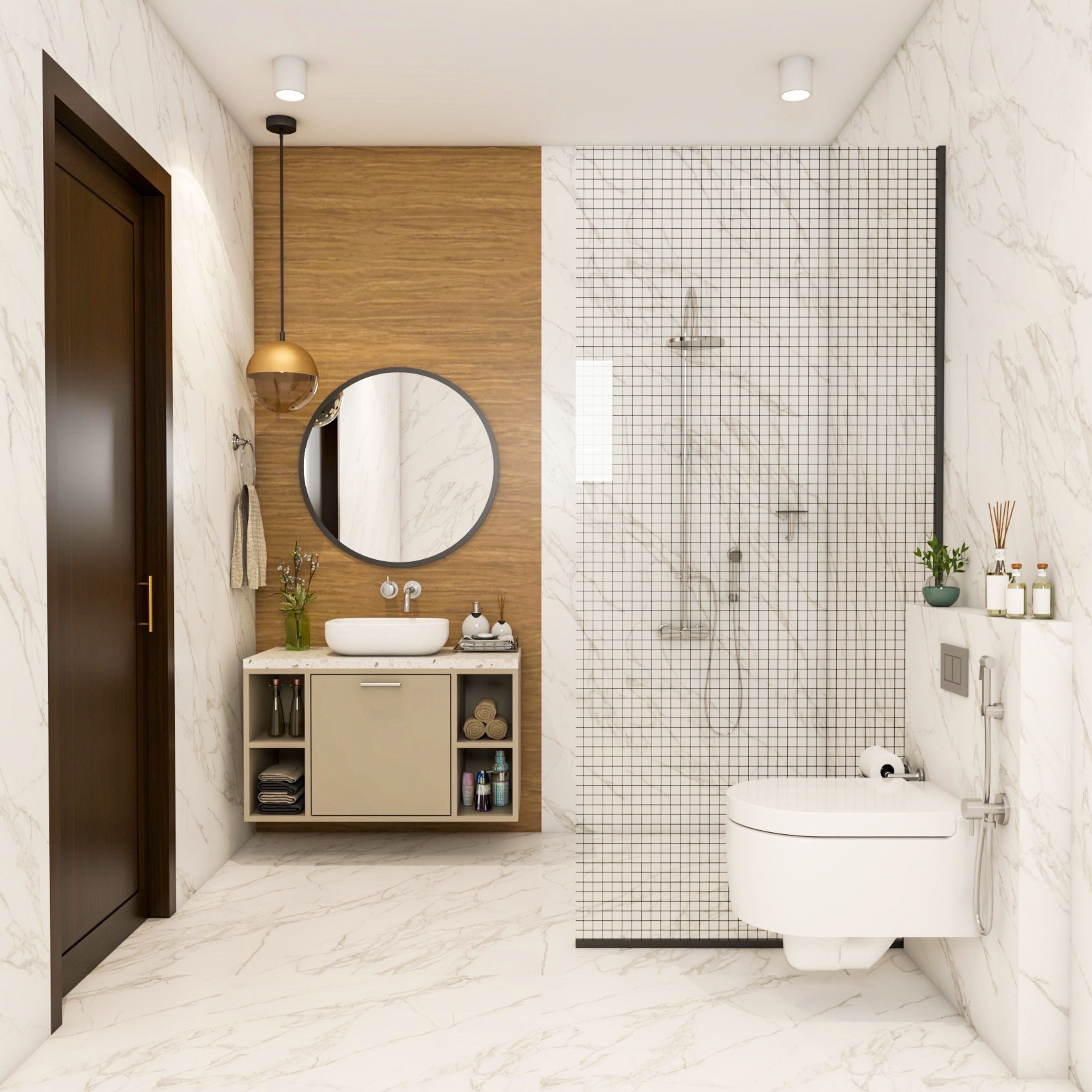 Modern White And Brown Bathroom Design With Wall-Mounted Beige Bathroom Cabinet