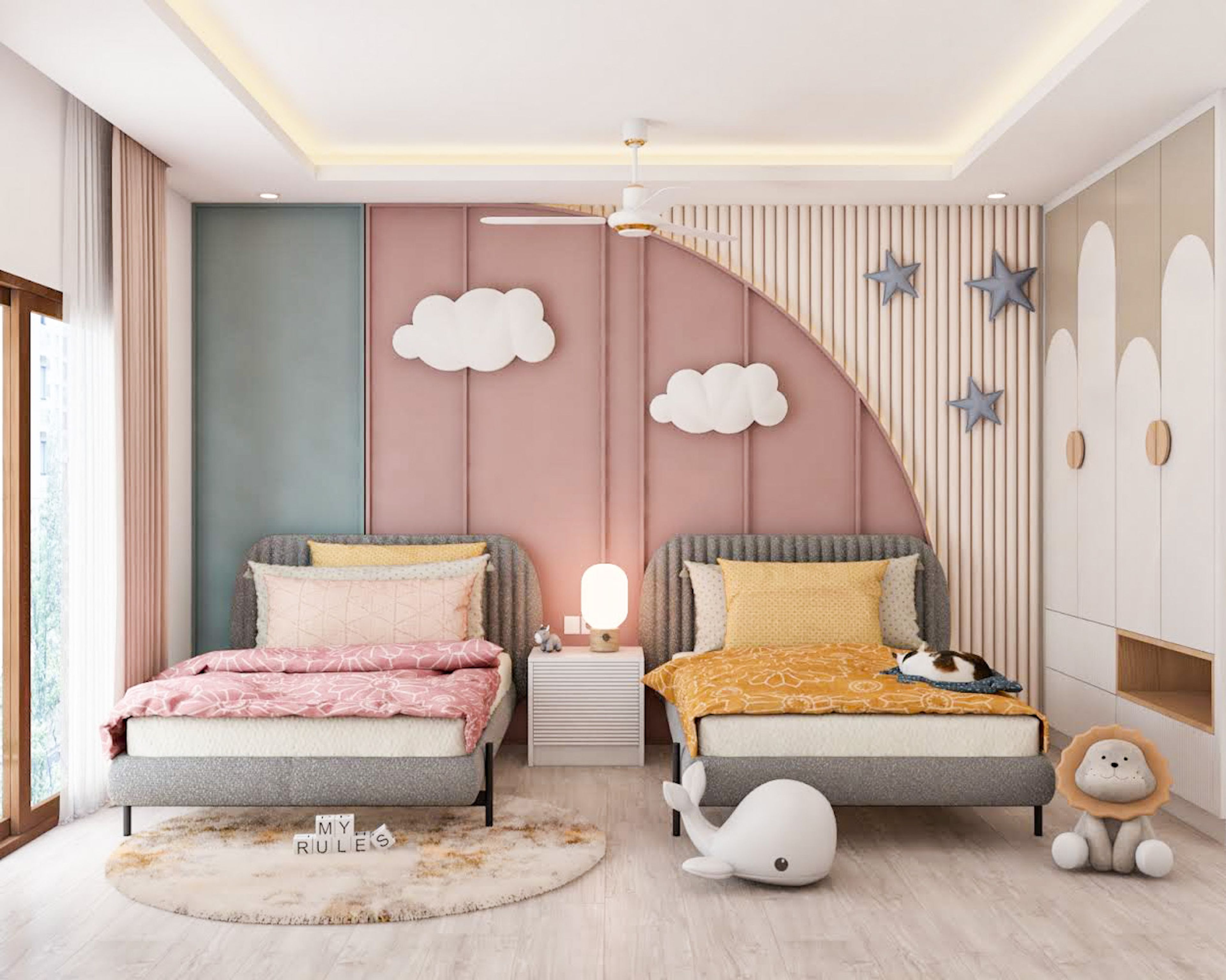 Kids Bedroom With Twin Beds And A Nightstand - Livspace