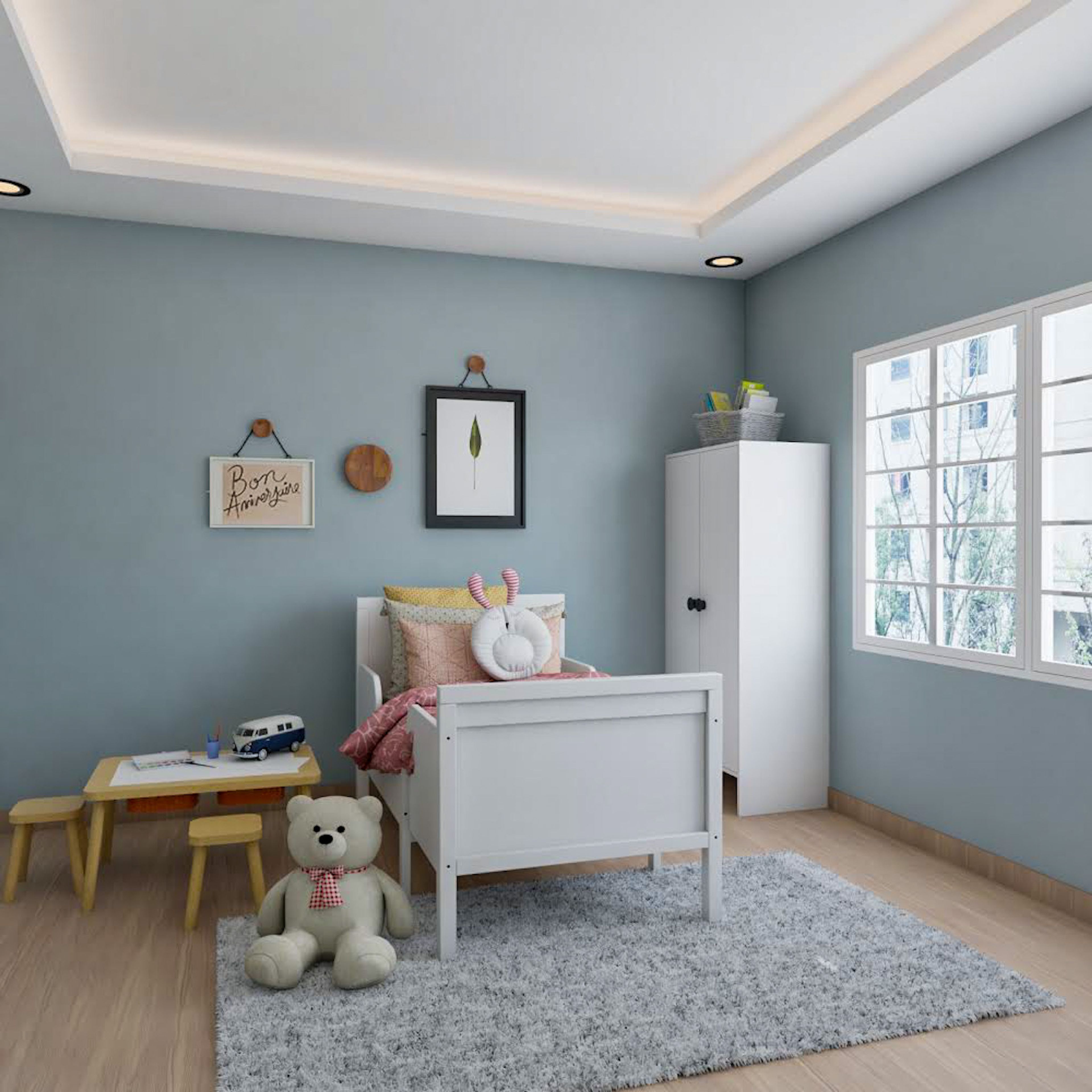 Kids Room With A White Bed And Wardrobe - Livspace