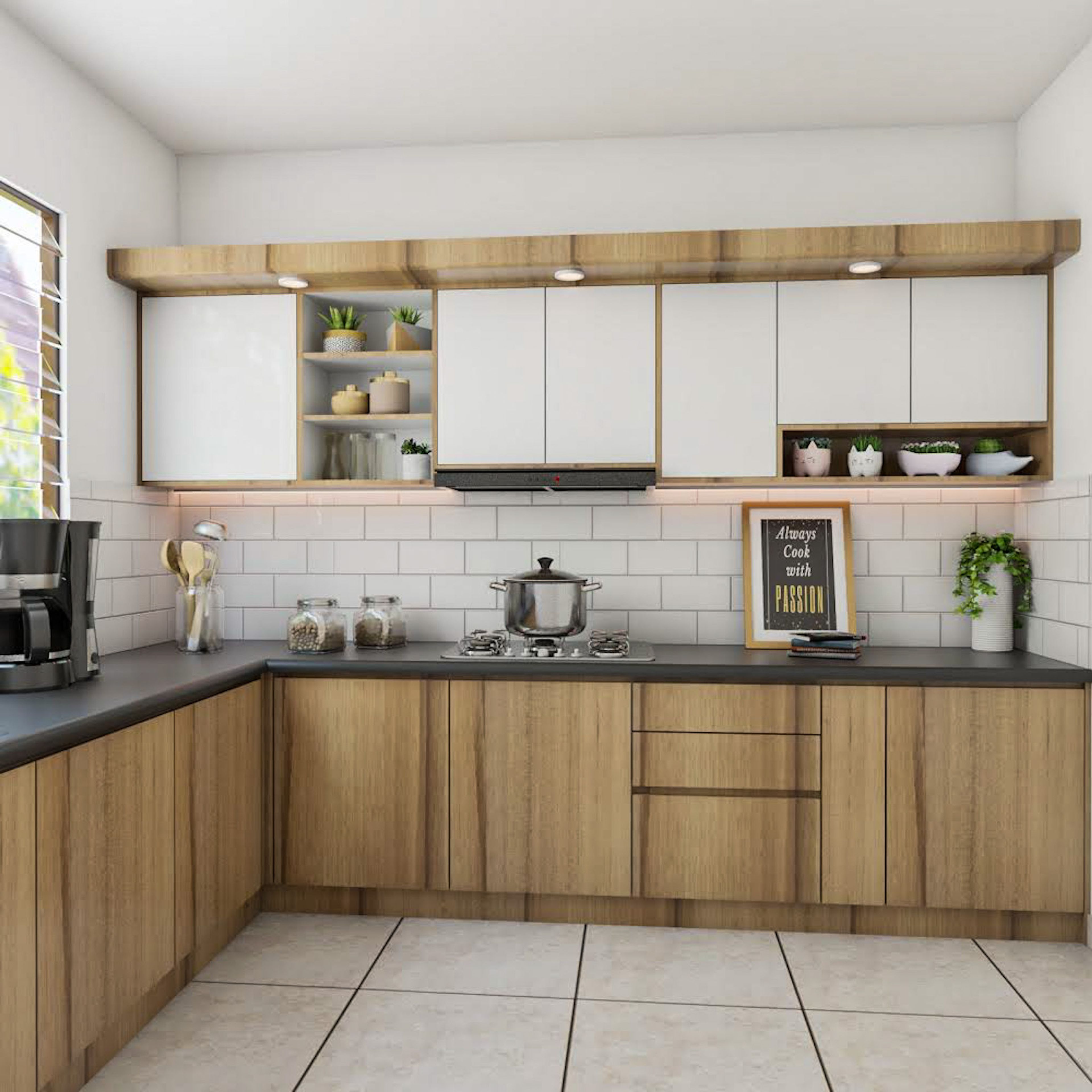 Scandinavian White And Wood L-Shaped Kitchen Design - Livspace