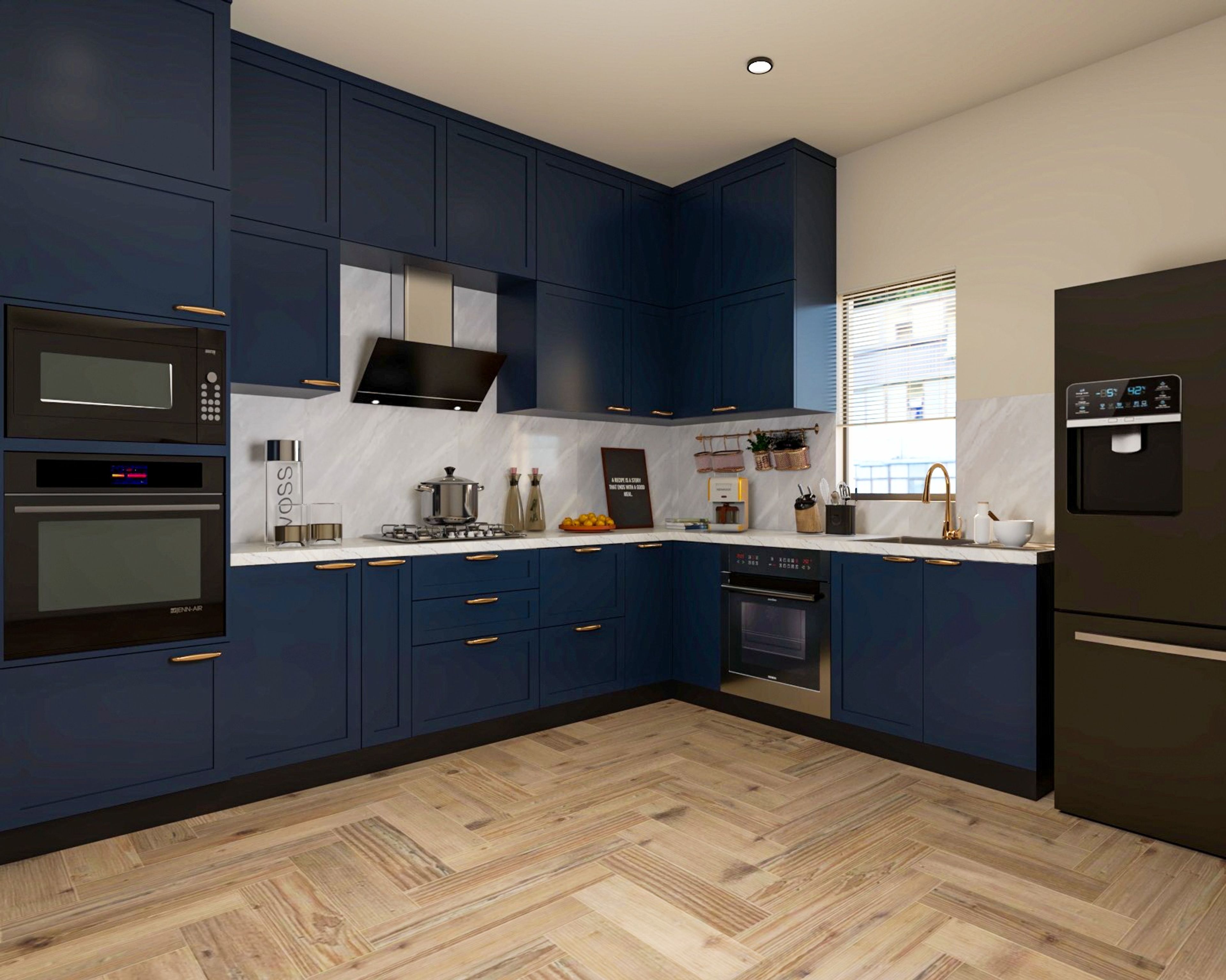 Classic L-Shaped Kitchen Design with Dark Blue Cabinets and Quartz Counters