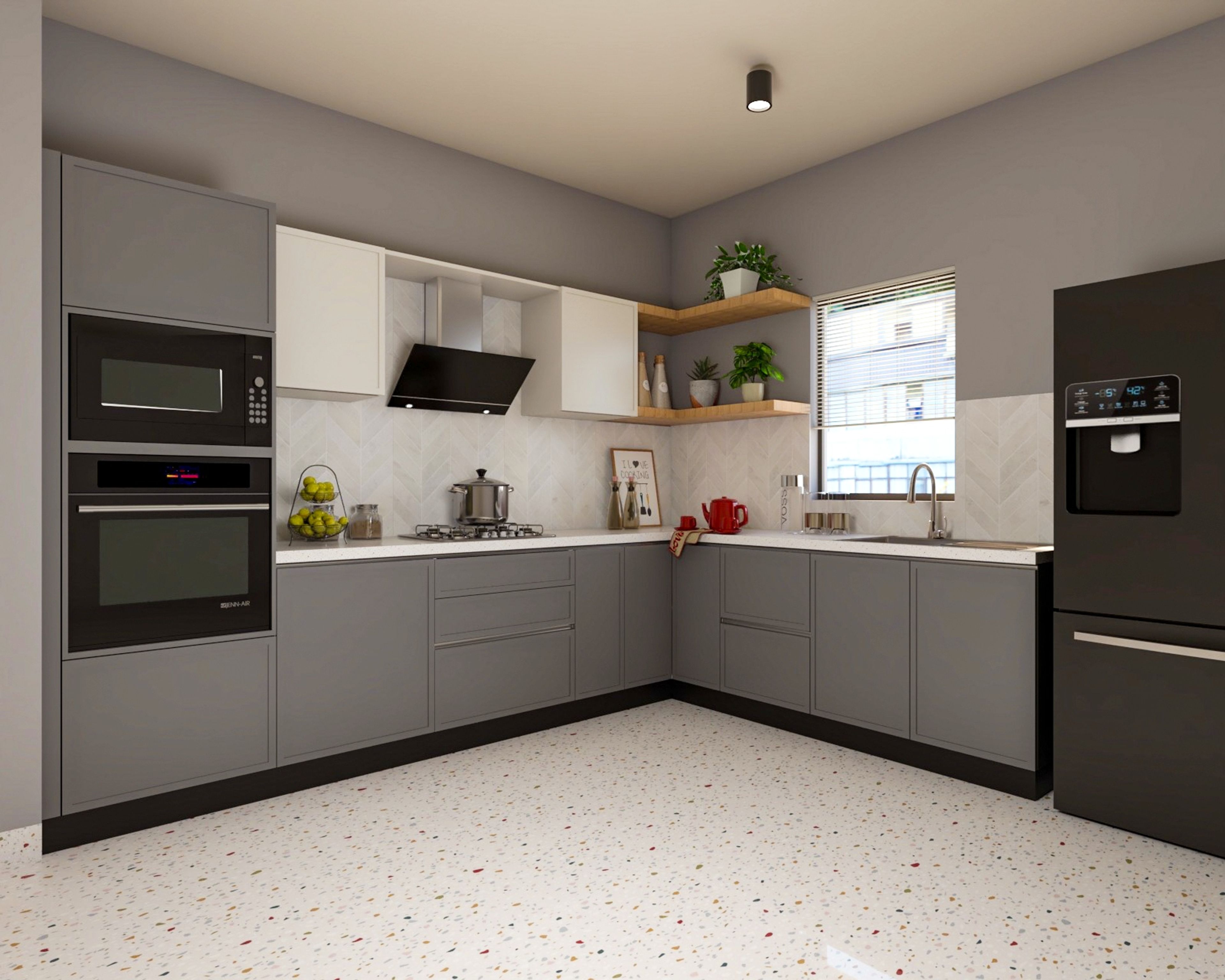 Modern L-Shaped Kitchen Design with Grey and White Cabinets and Terrazzo Flooring