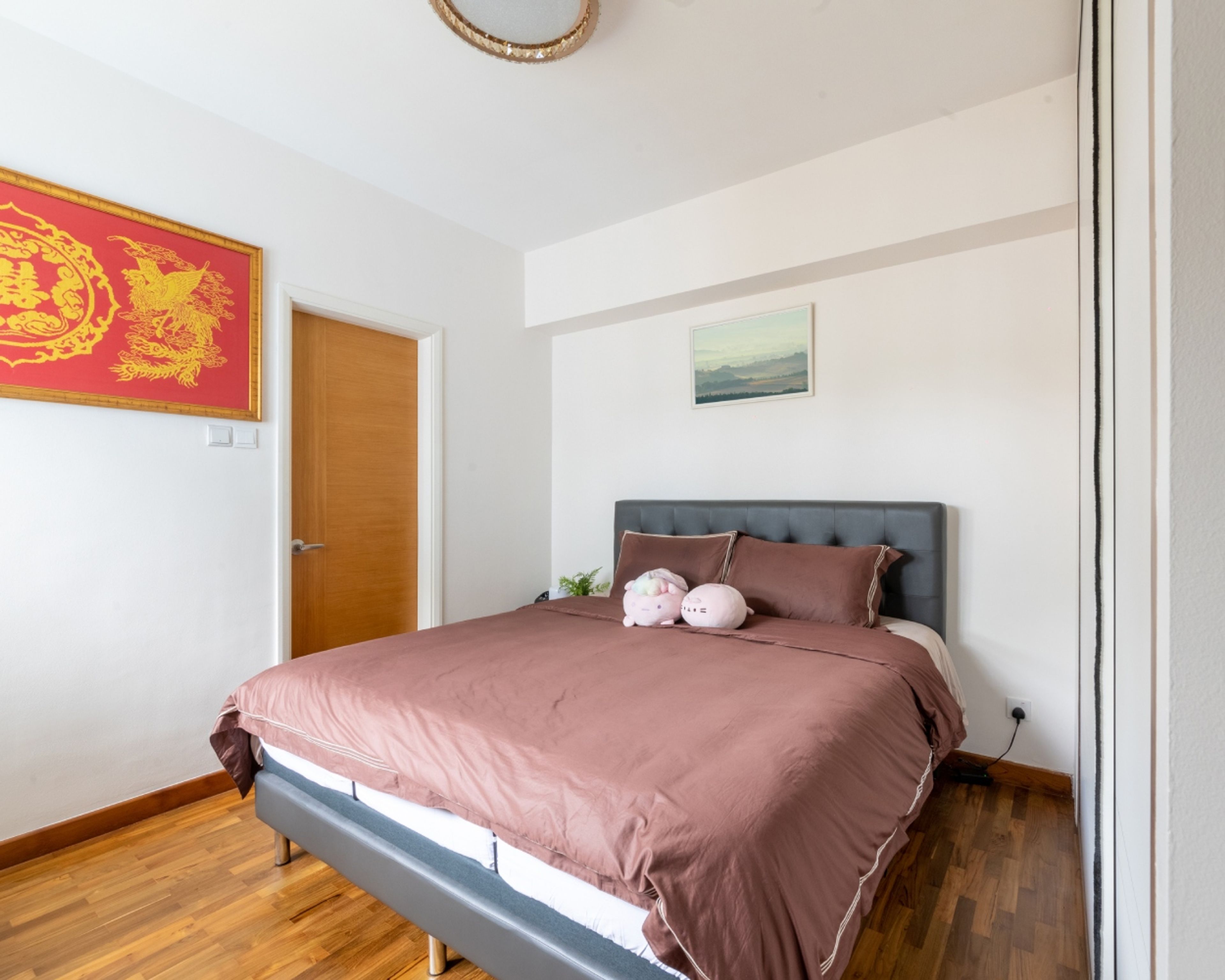 Contemporary Master Bedroom With Grey Headboard - Livspace