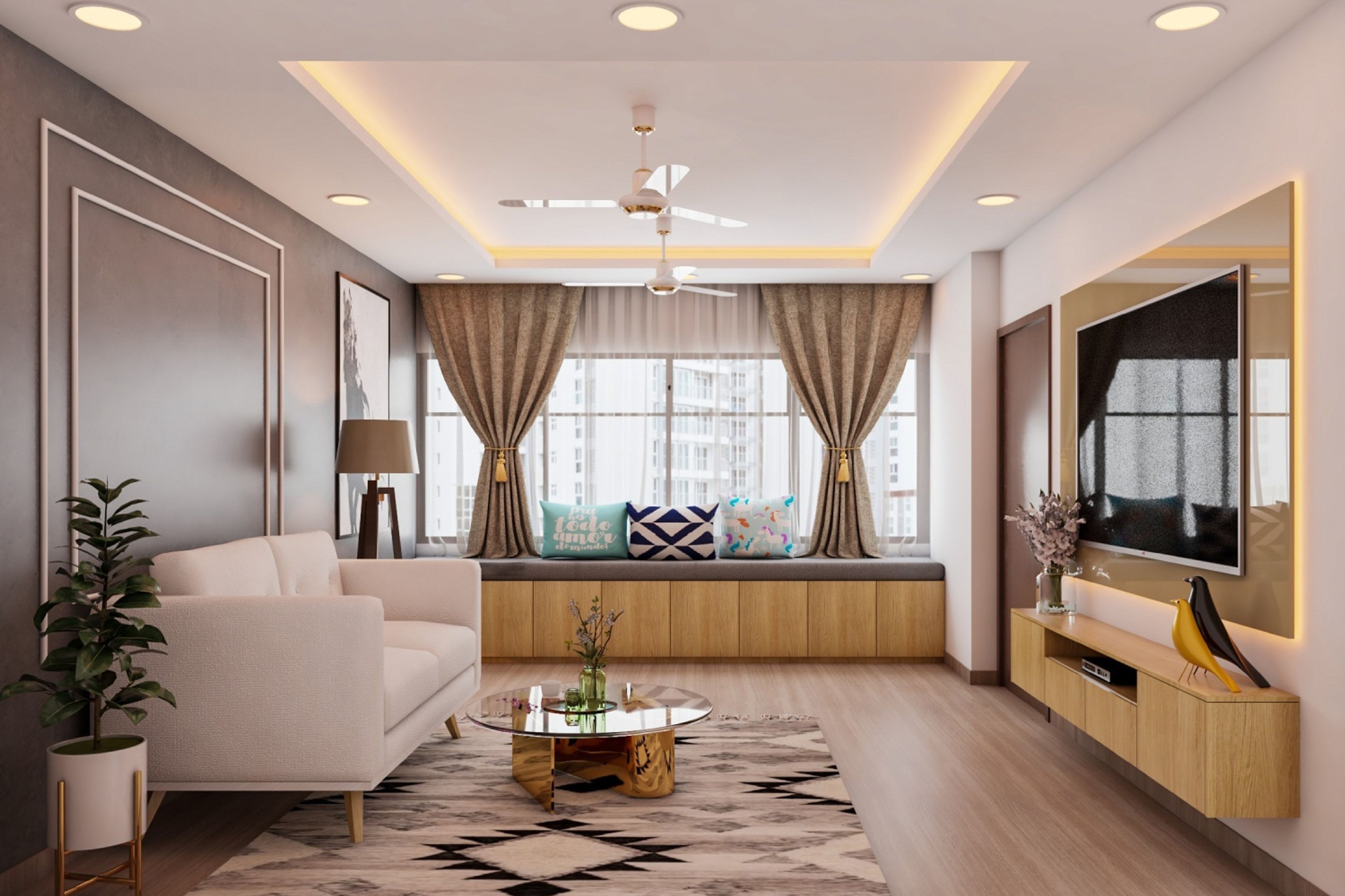 Living Room Gypsum False Ceiling - Livspace