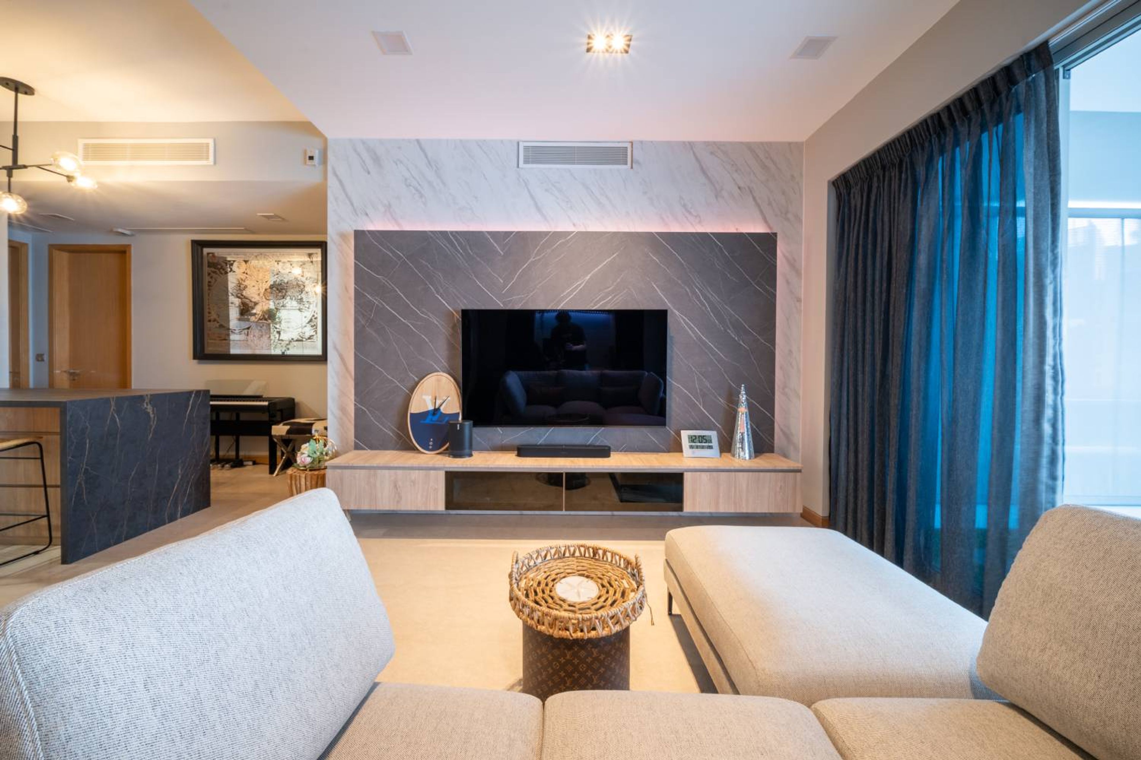 Wall-Mounted Wooden TV Cabinet Design With A Marble Back Panel - Livspace