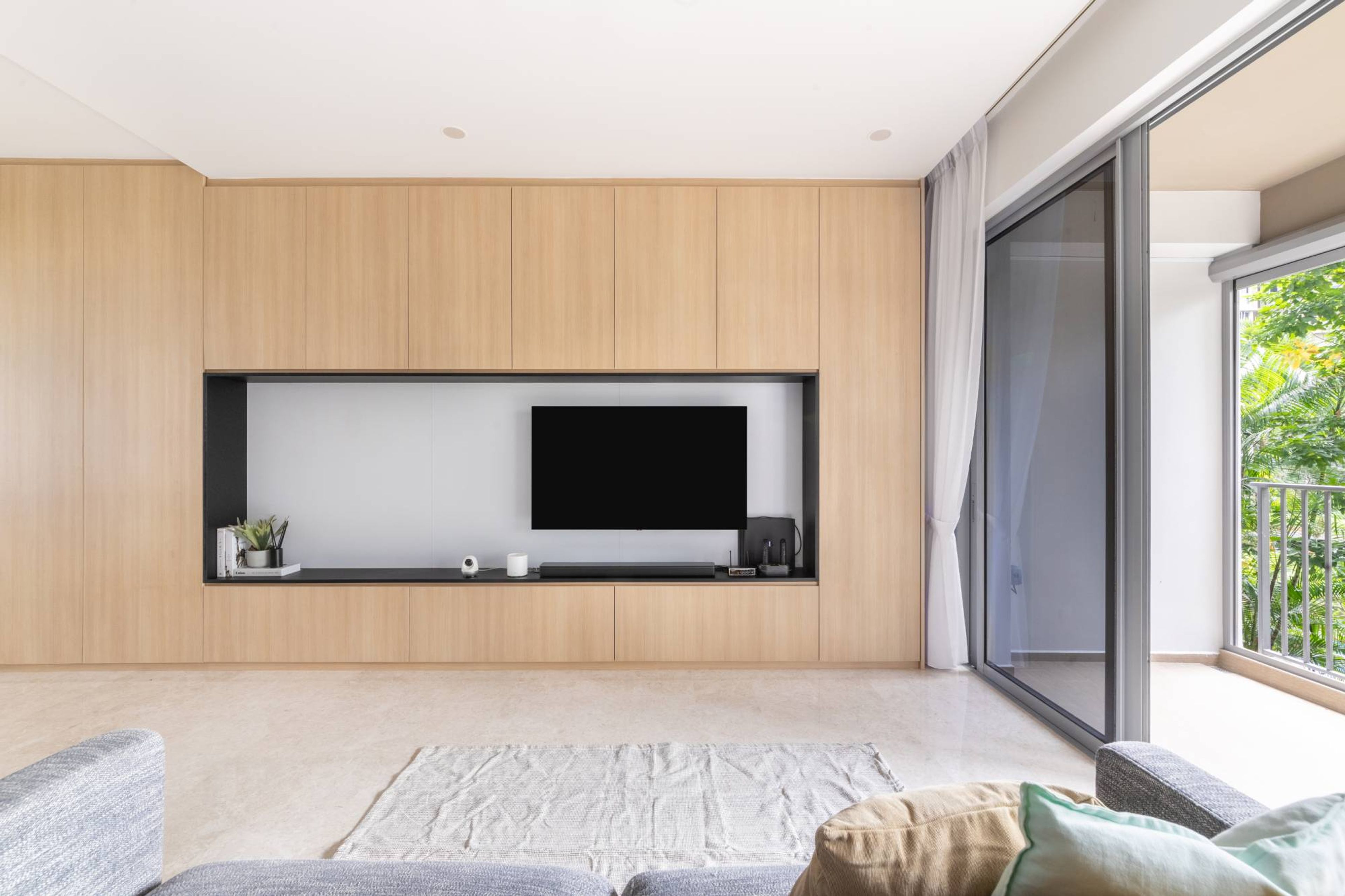 Scandinavian TV Cabinet Design With Drawers And Wall Storage - Livspace