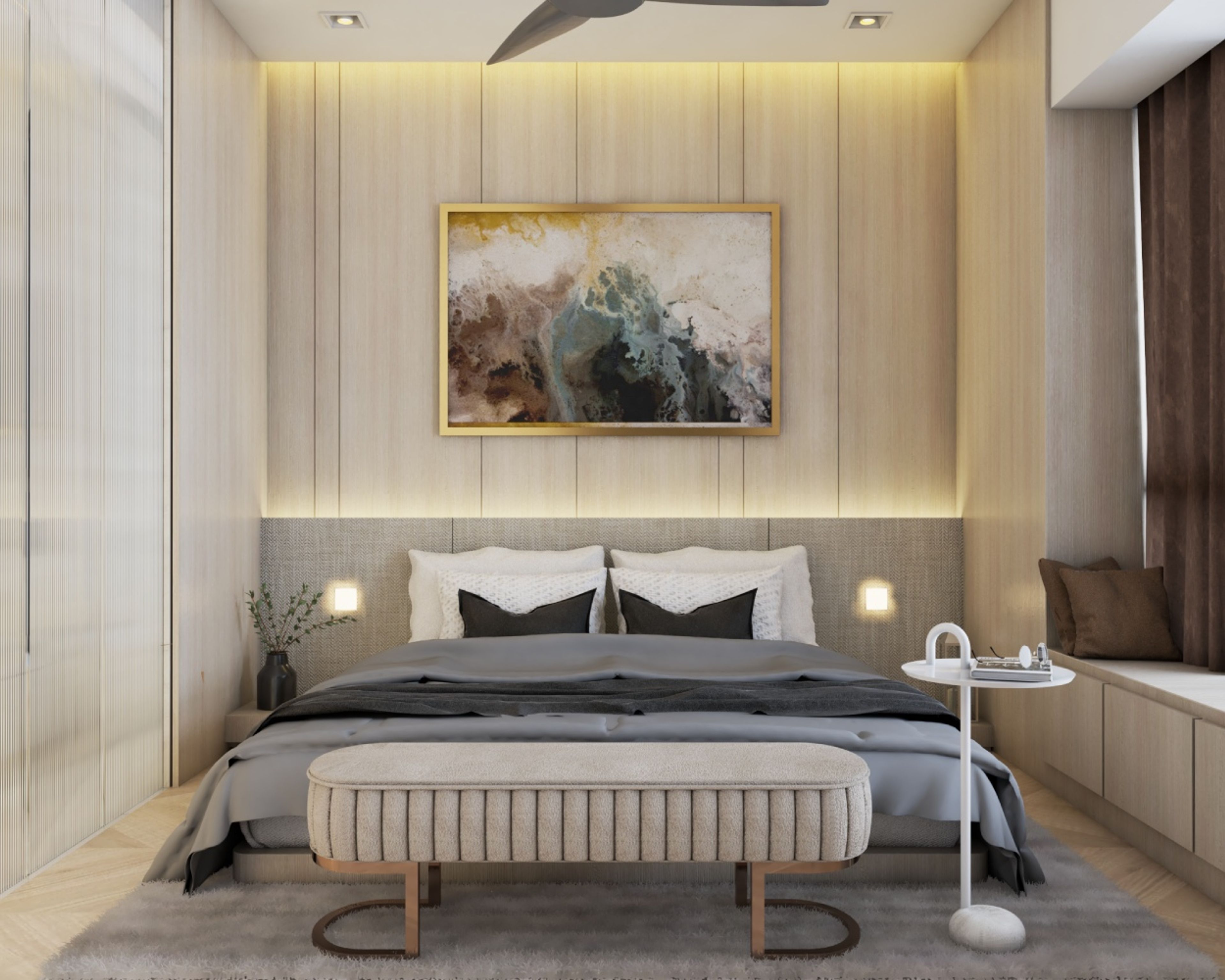 Bedroom Wall Design With Brown Wood And Grey Fabric Panelling - Livspace