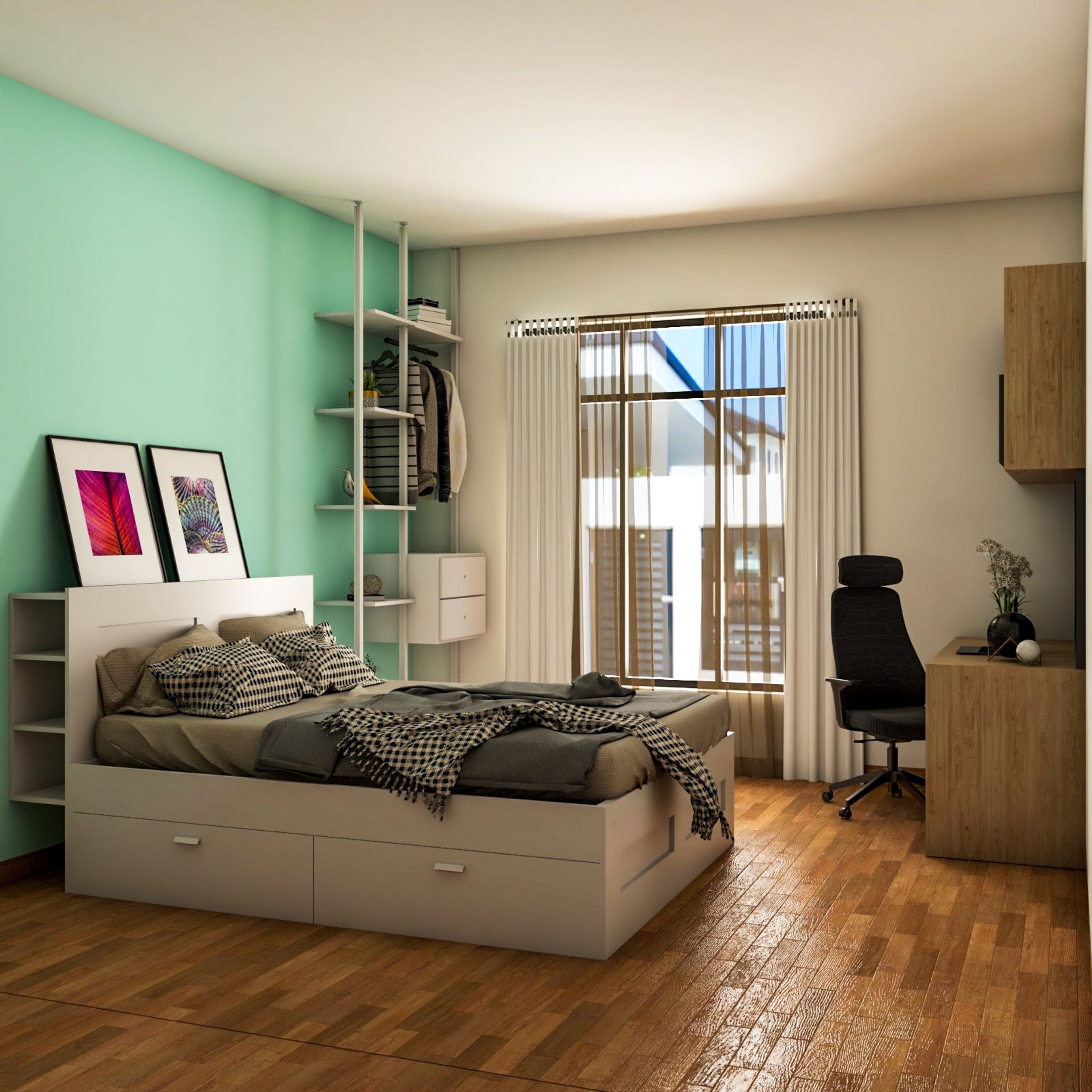 Master Bedroom With Mint Green Accent Wall And White Bed - Livspace