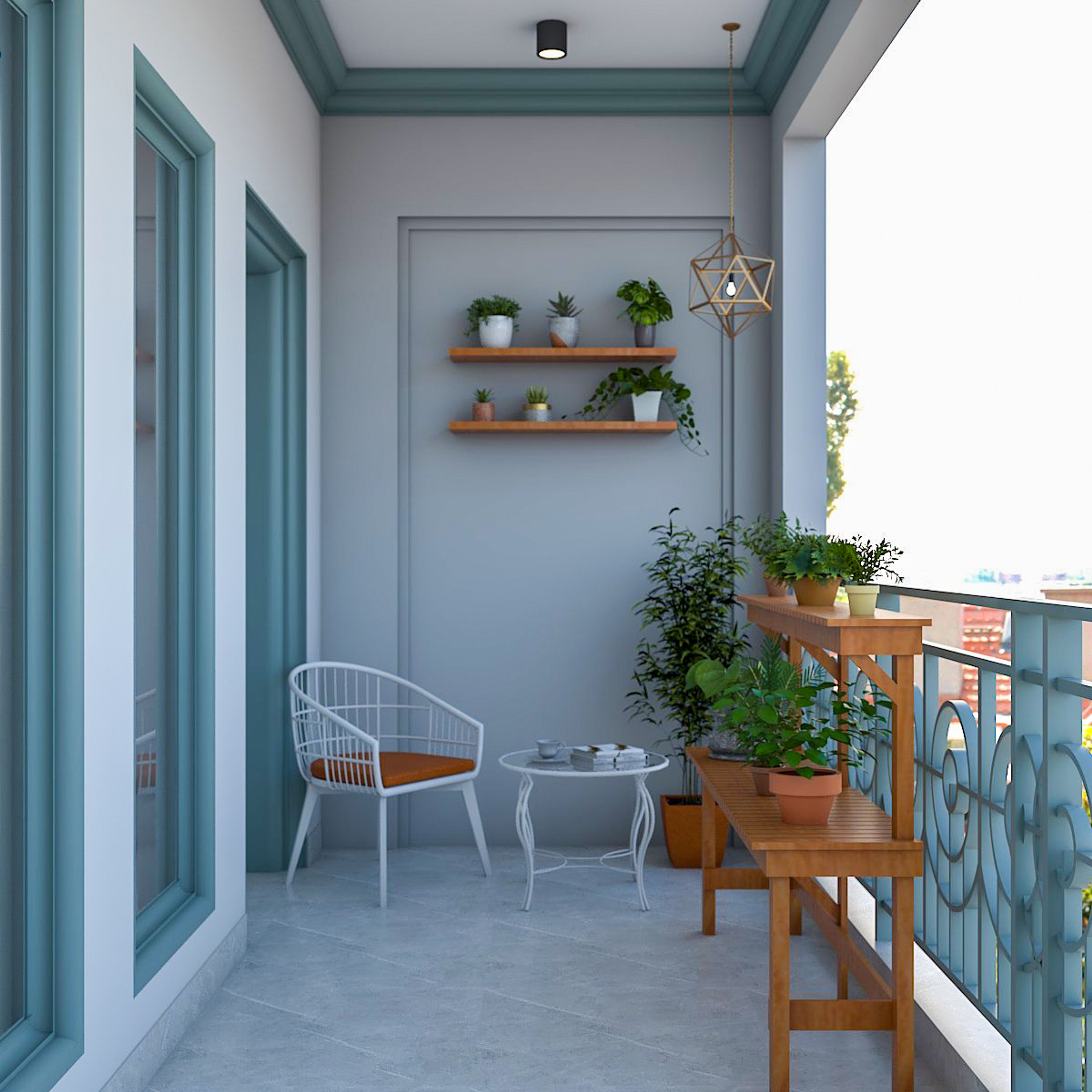Tropical Balcony Design With Grey Wall Paint