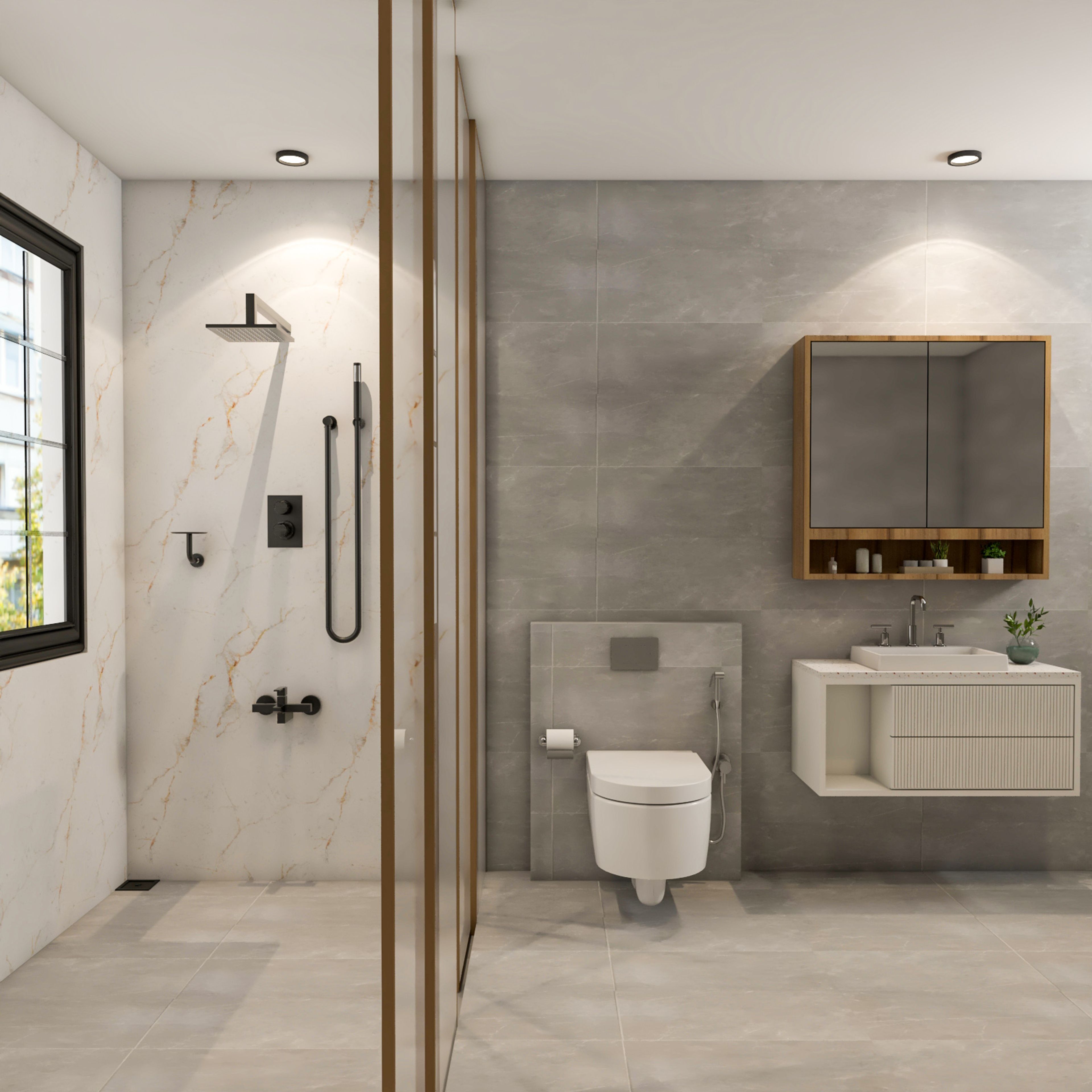 Modern Grey And White Bathroom Design With Glass Partition