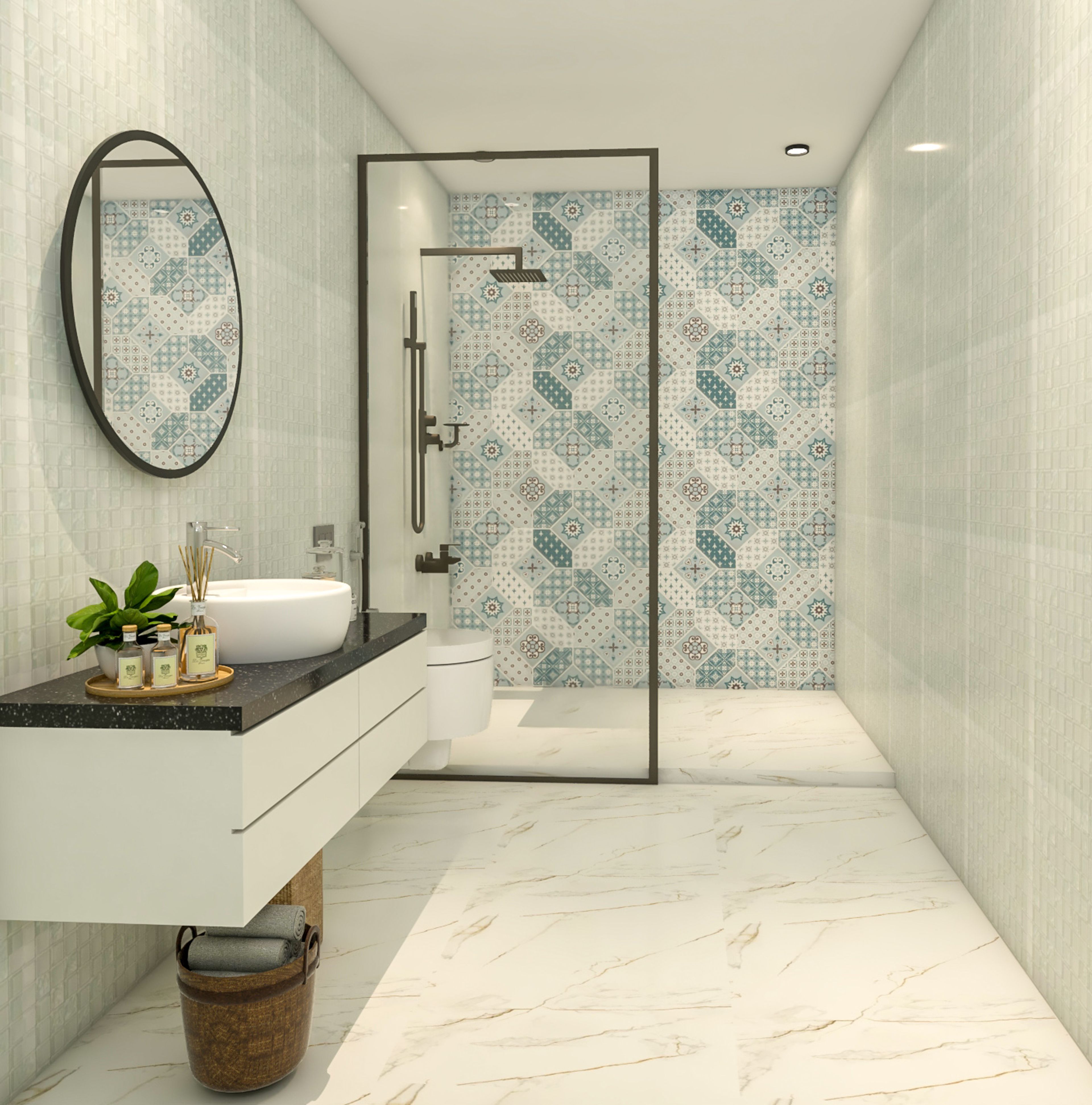 Contemporary Blue And White Bathroom Design With White Vanity Unit