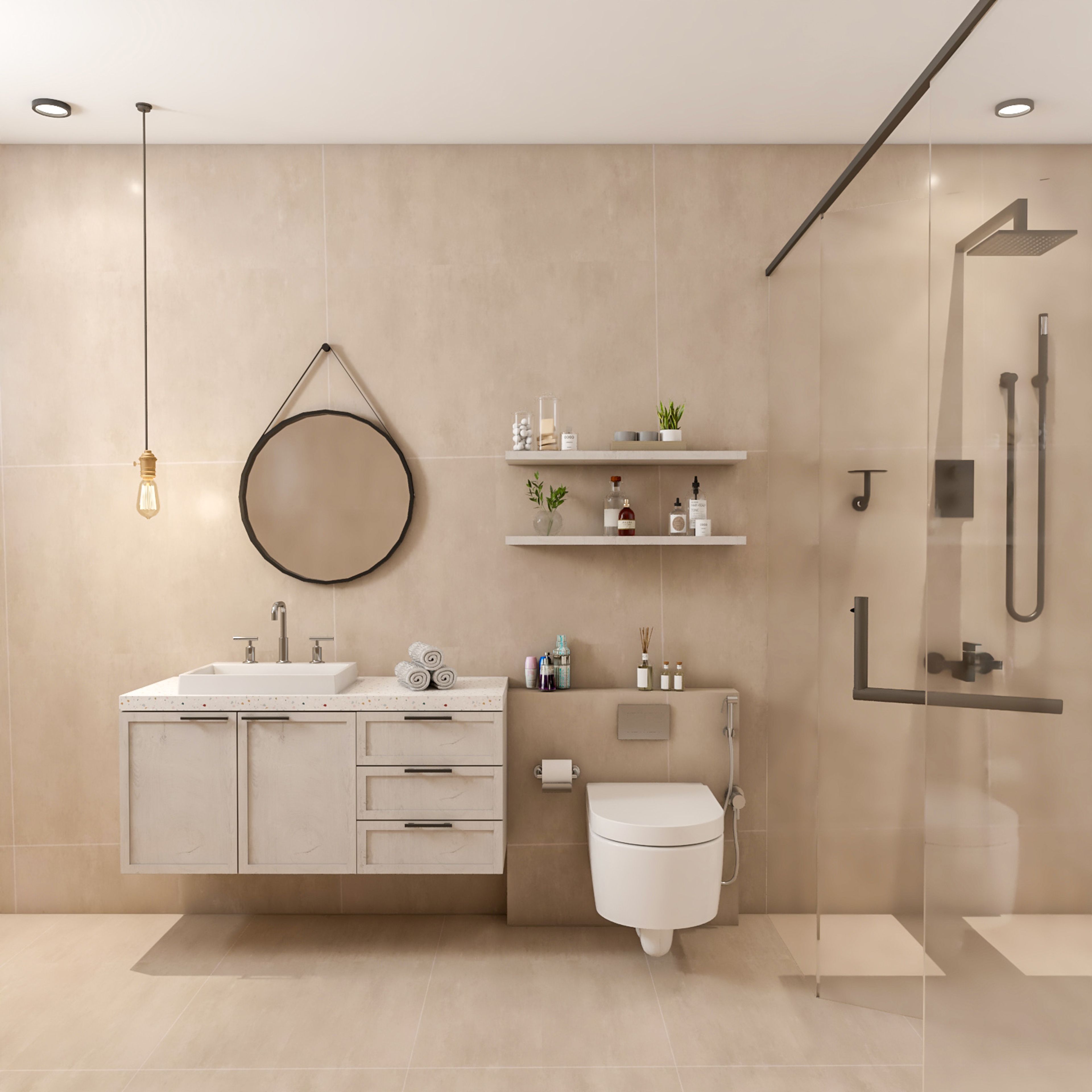 Contemporary Light Brown Bathroom Design With White Vanity Unit