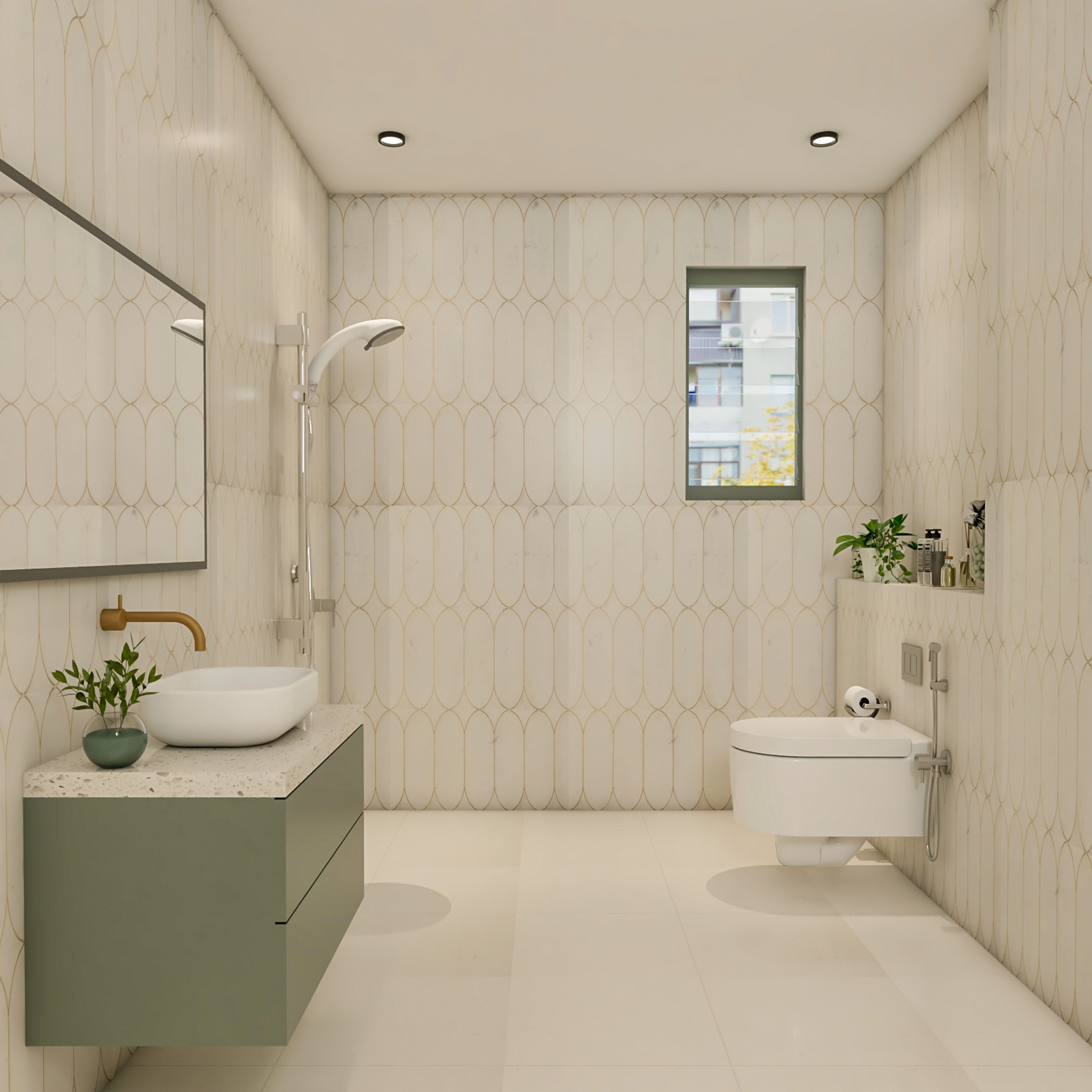 Art Deco Cream Bathroom Design With Green Vanity Unit