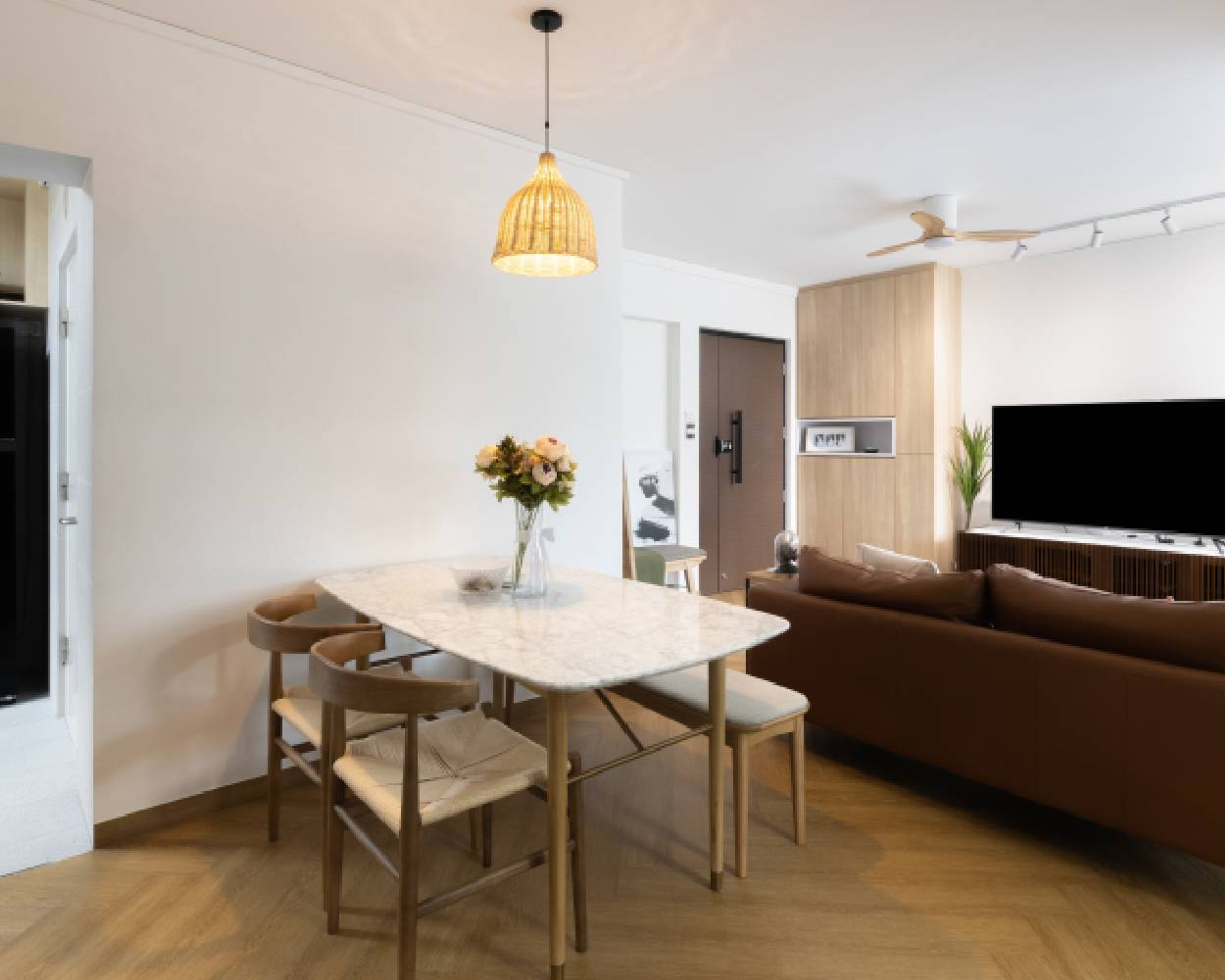12 m² Contemporary 2-Seater Dining Table with White Quartz Countertop and Beige Wood Chairs - Livspace