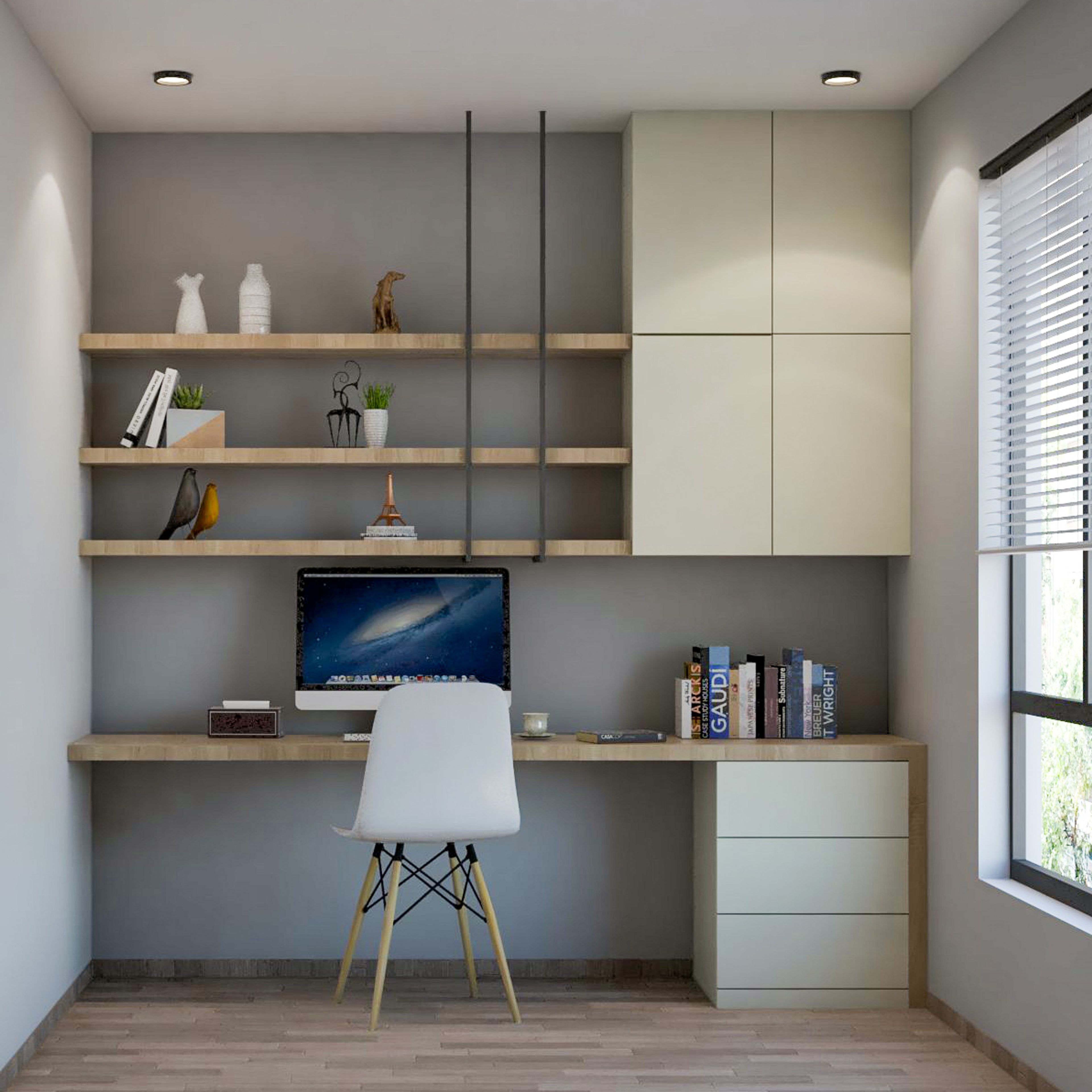 Minimal Home Office Design With Grey Wall Painting