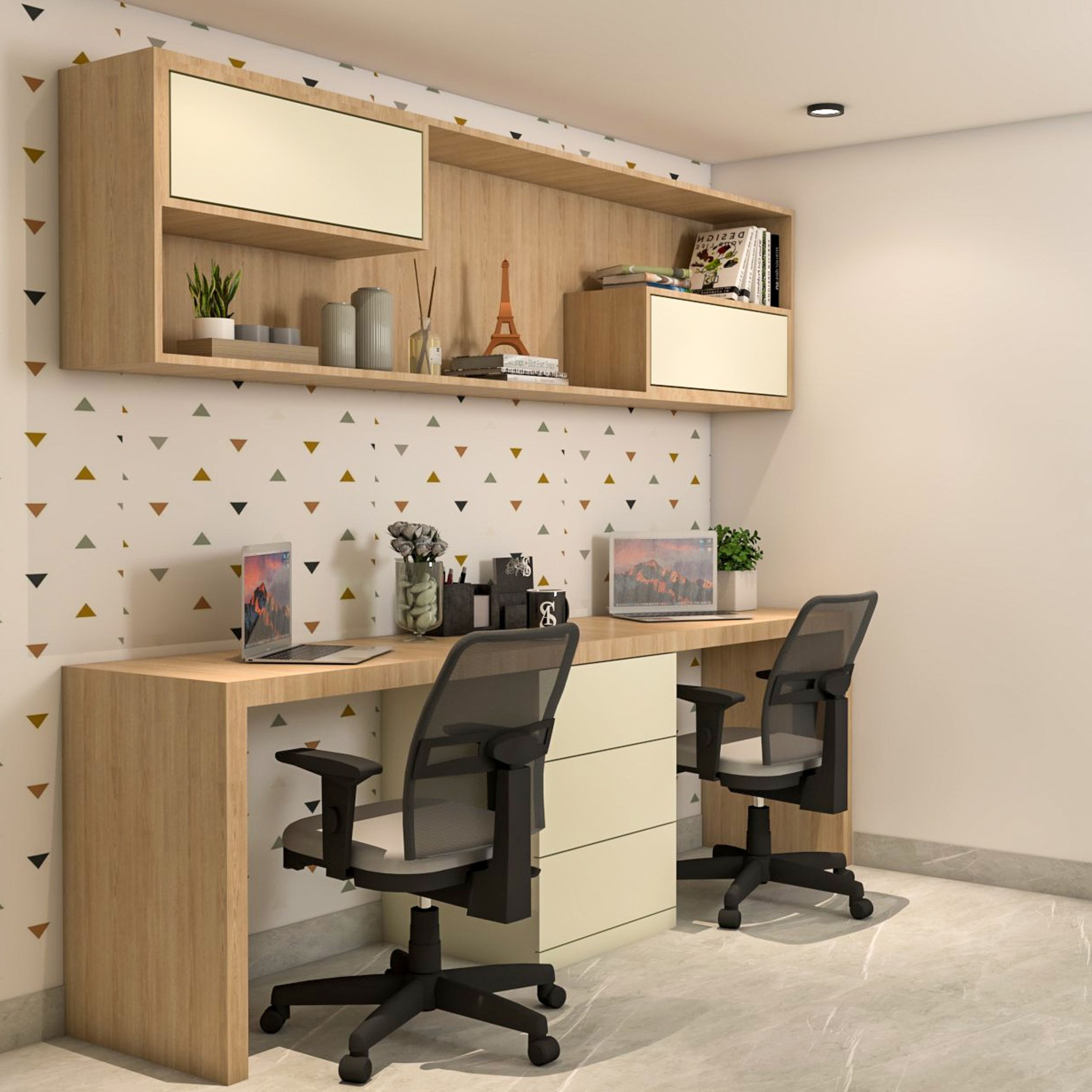 Modern Champagne Toned And Wood Home Office Design With With Triangular Wallpaper