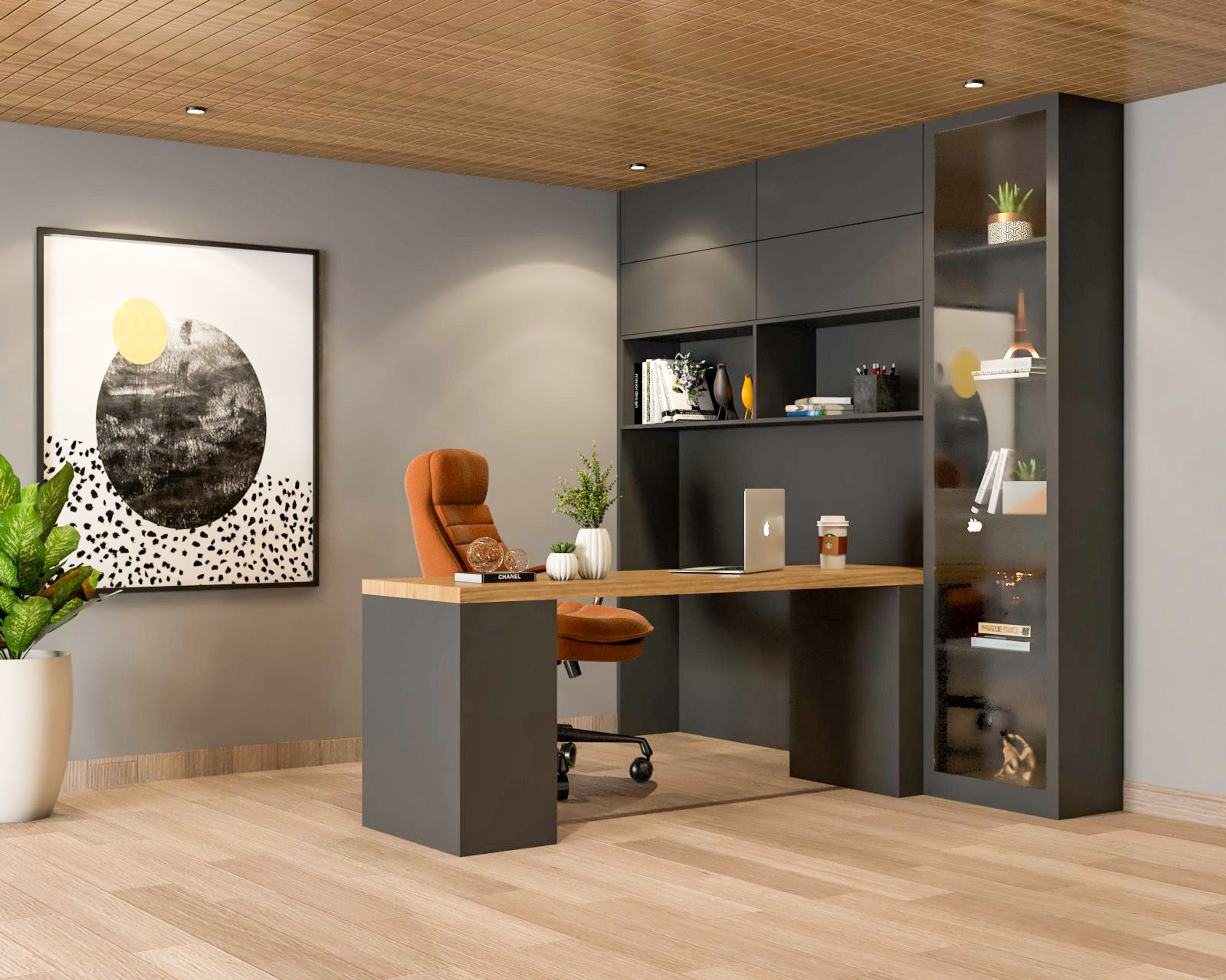 Modern Grey And Wood Home Office Design With Brown Upholstered Swivel Chair