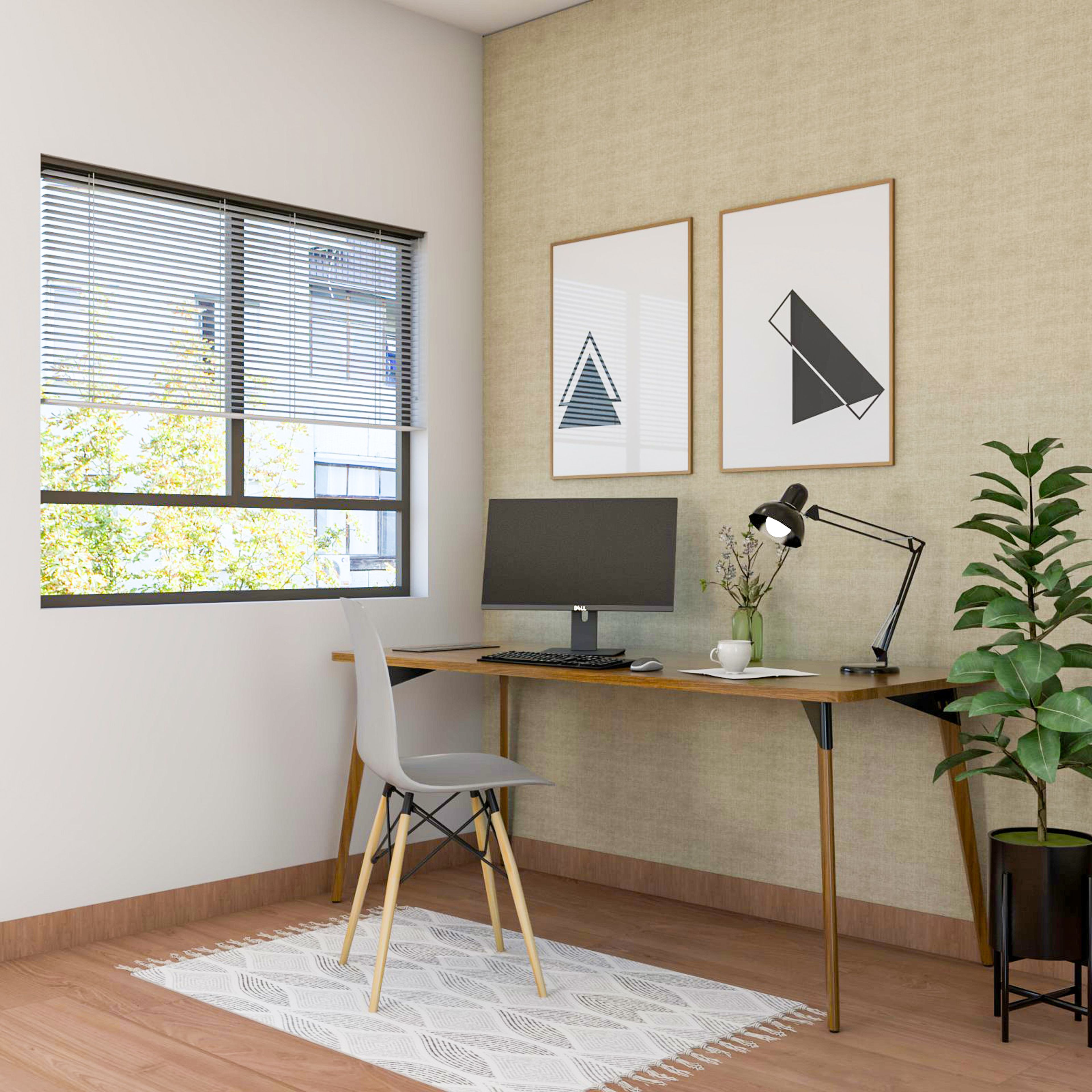 Scandinavian Home Office Design With Beige Textured Wallpaper