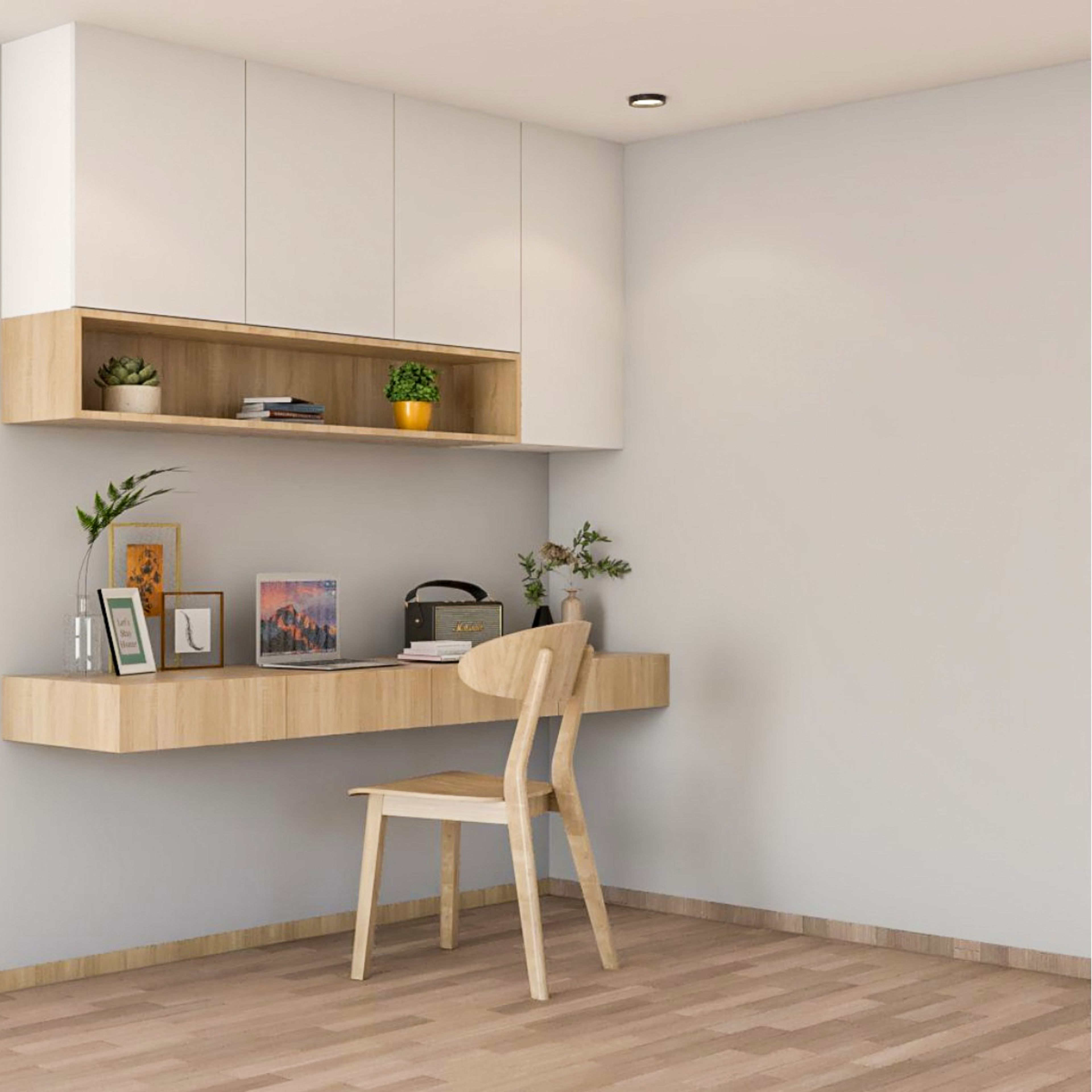 Scandinavian Budget-Friendly White And Wood Home Office Design With Armless Chair