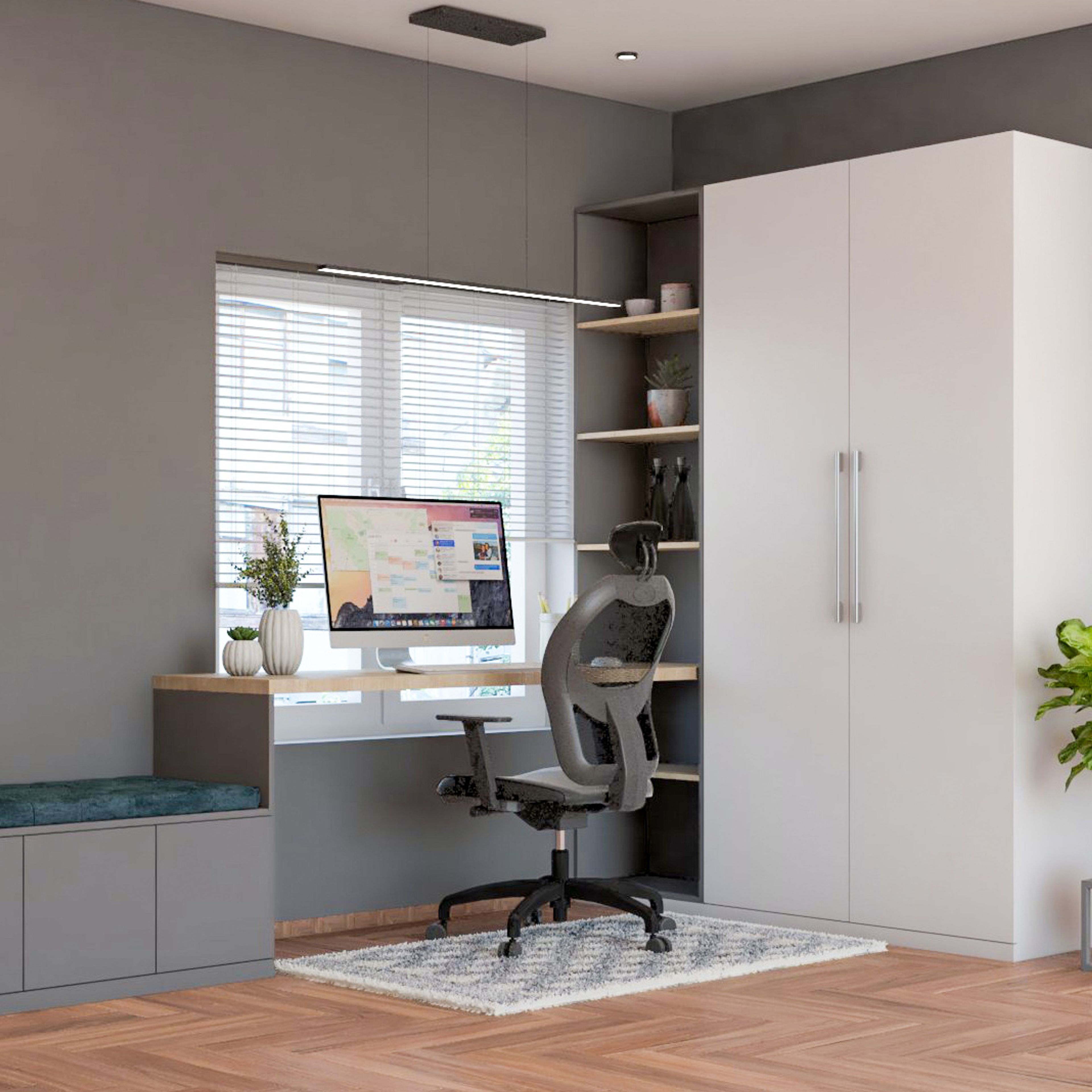 Modern Wood And White Home Office Design With Grey Wall