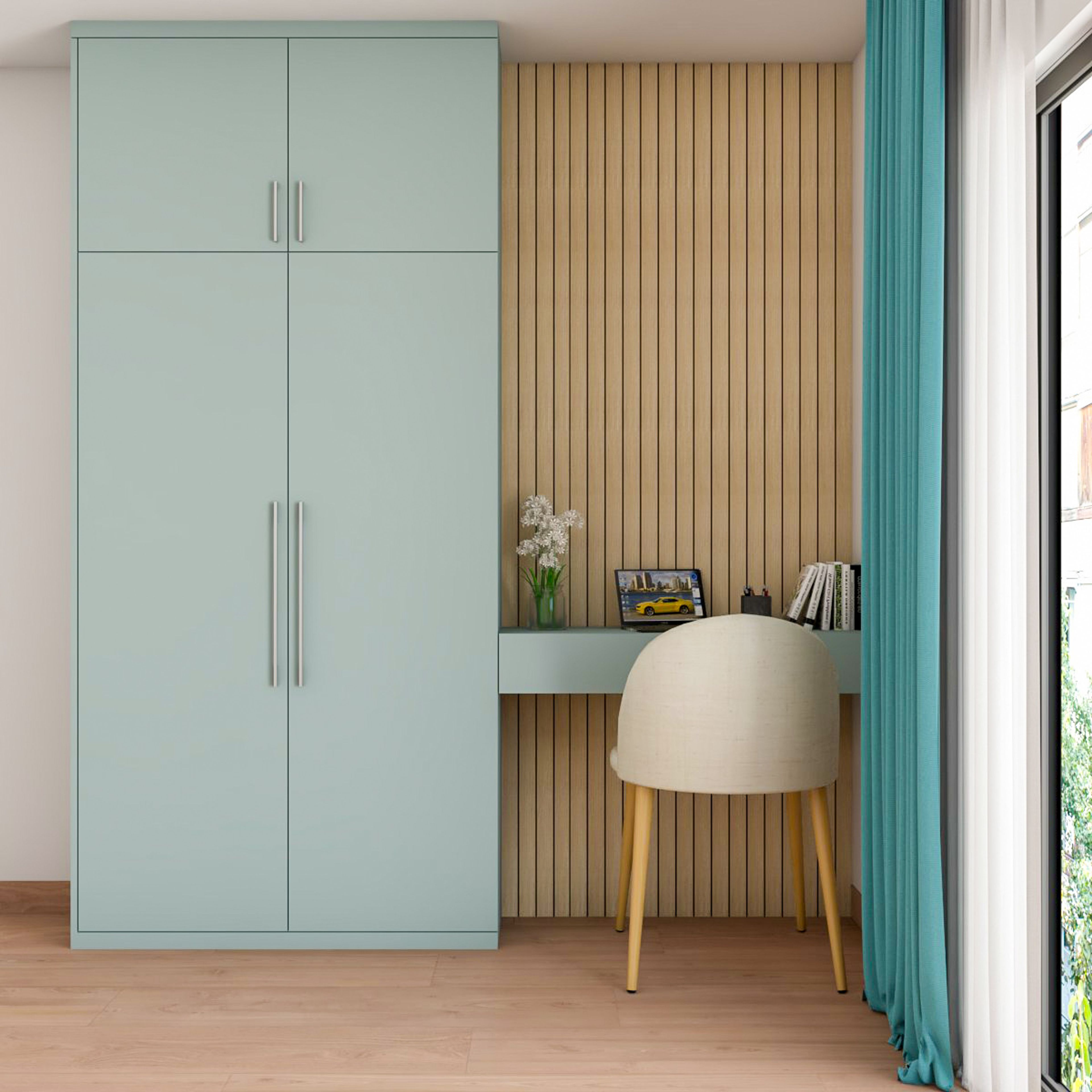 Scandinavian Light Blue Home Office Design With Wooden Grooves