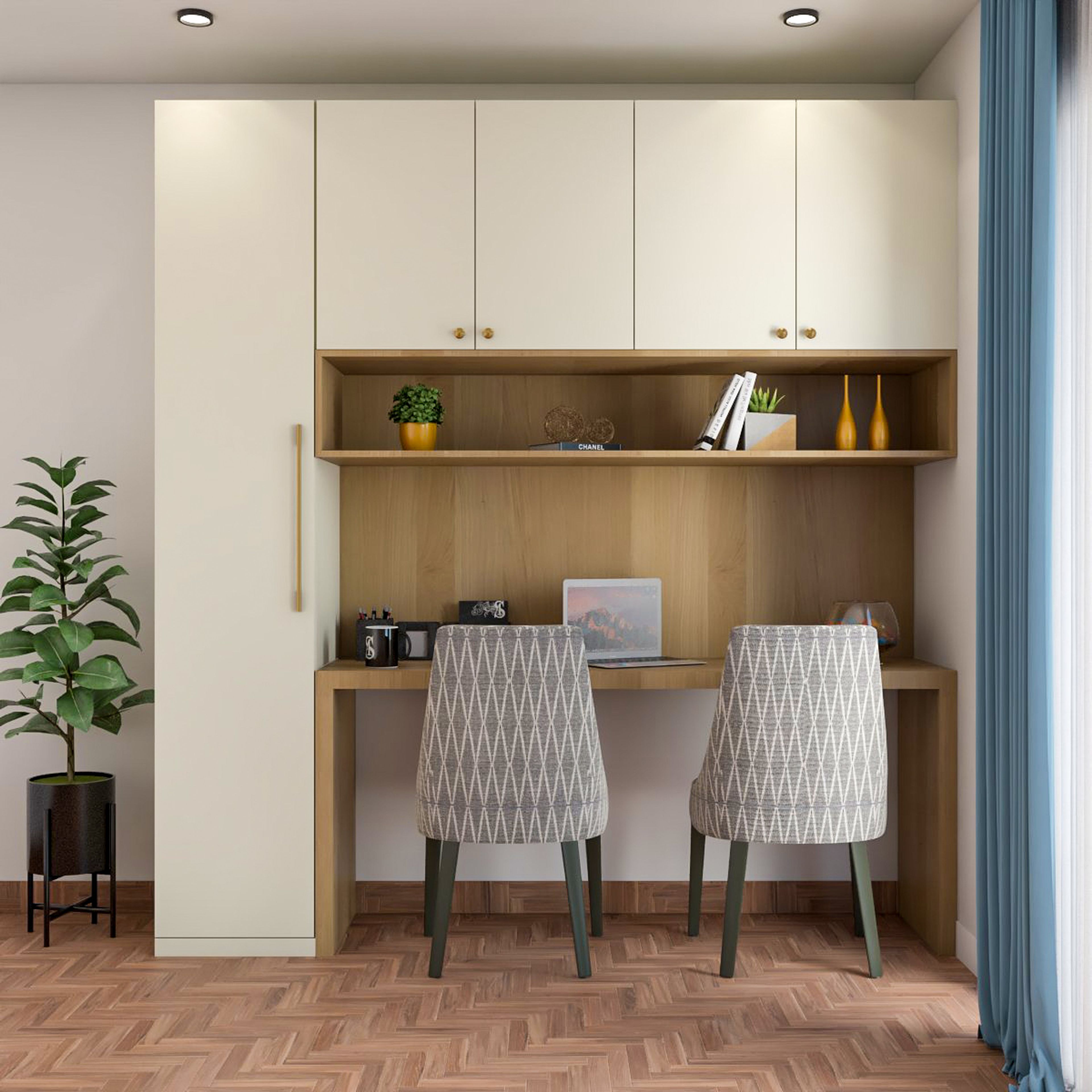 Scandinavian Teak And Champagne Toned Home Office Design With Grey Upholstered Chair