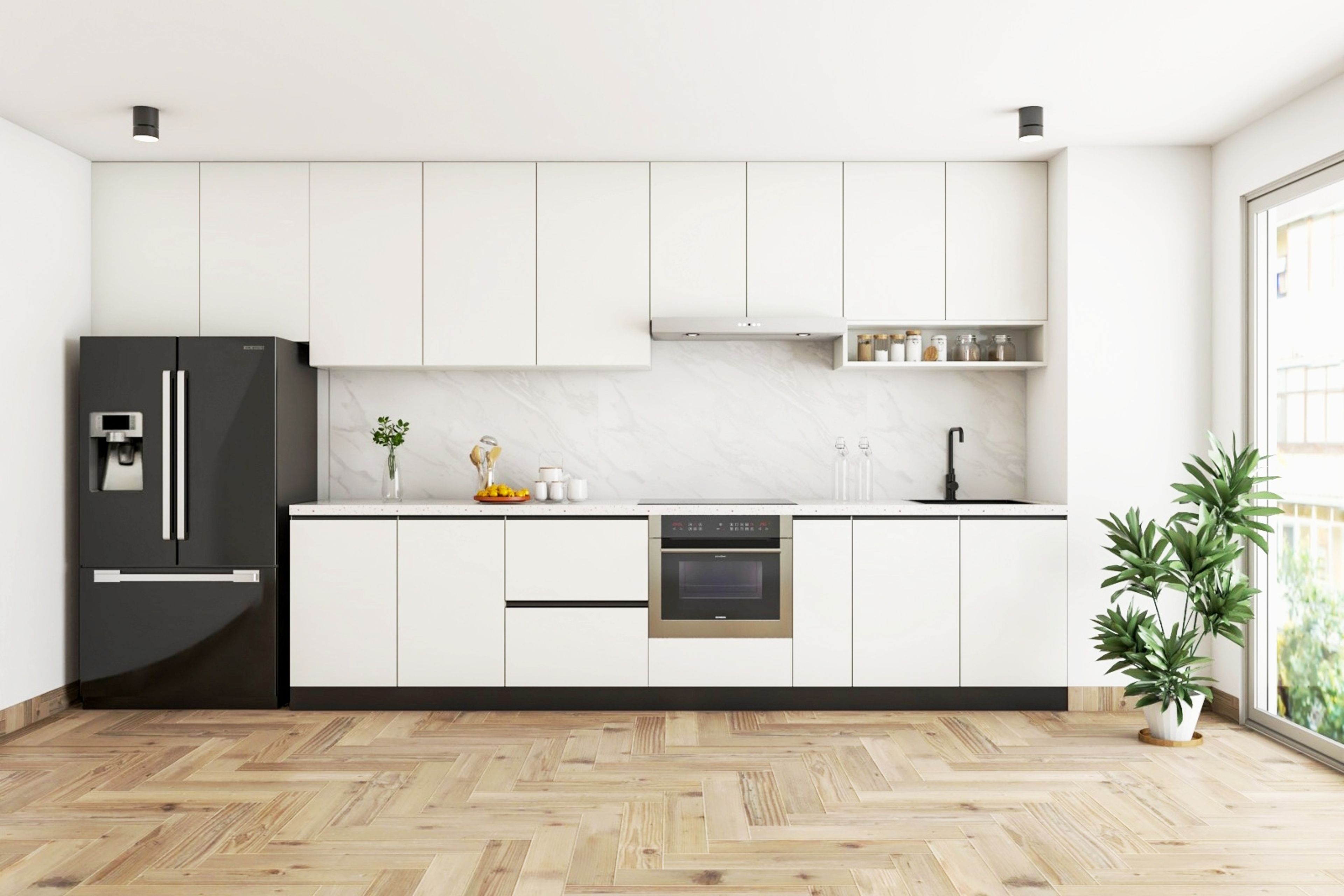 White Straight Kitchen Design With Finger Groove Handles - Livspace