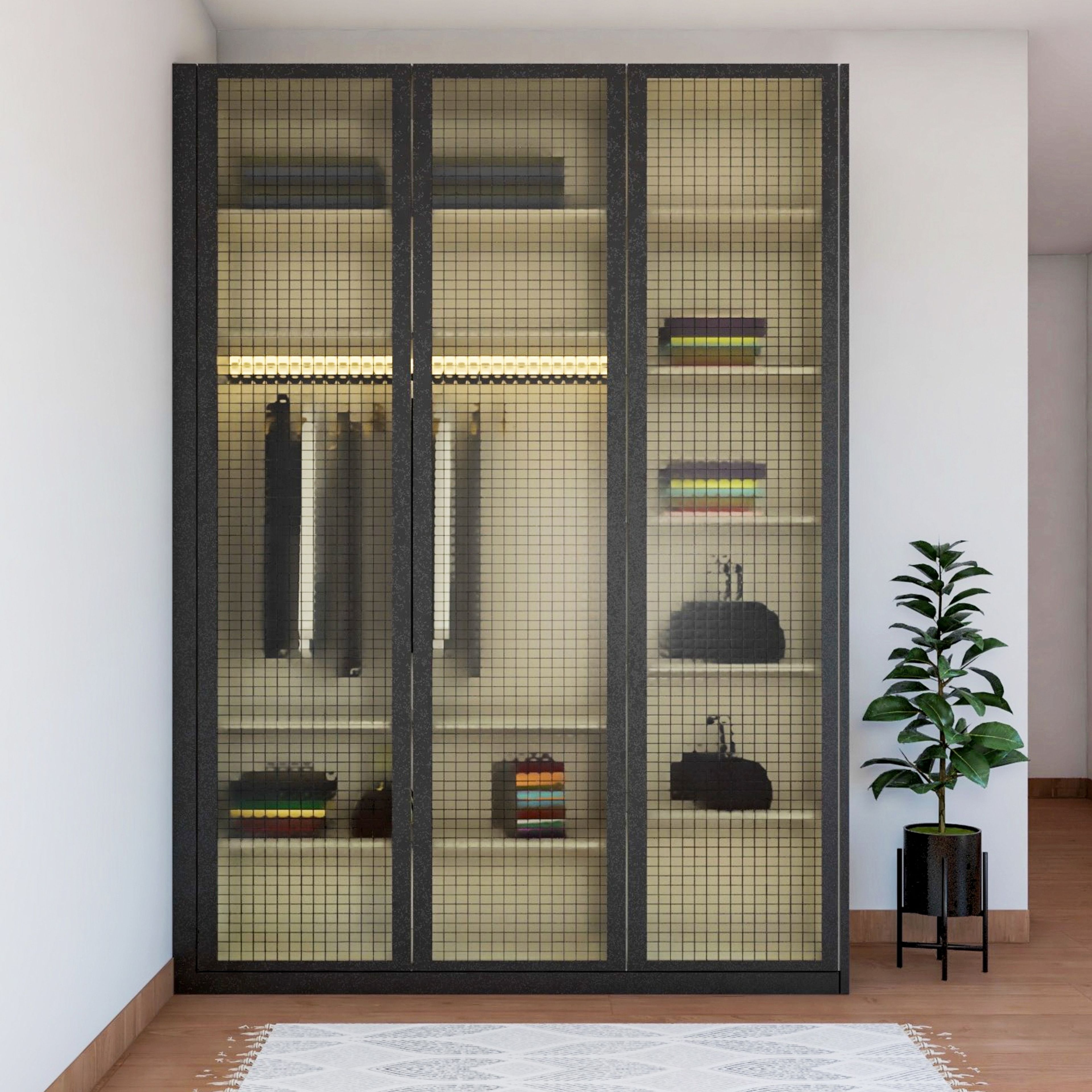3-Door Swing Wardrobe Design With Mesh Glass Shutter - Livspace