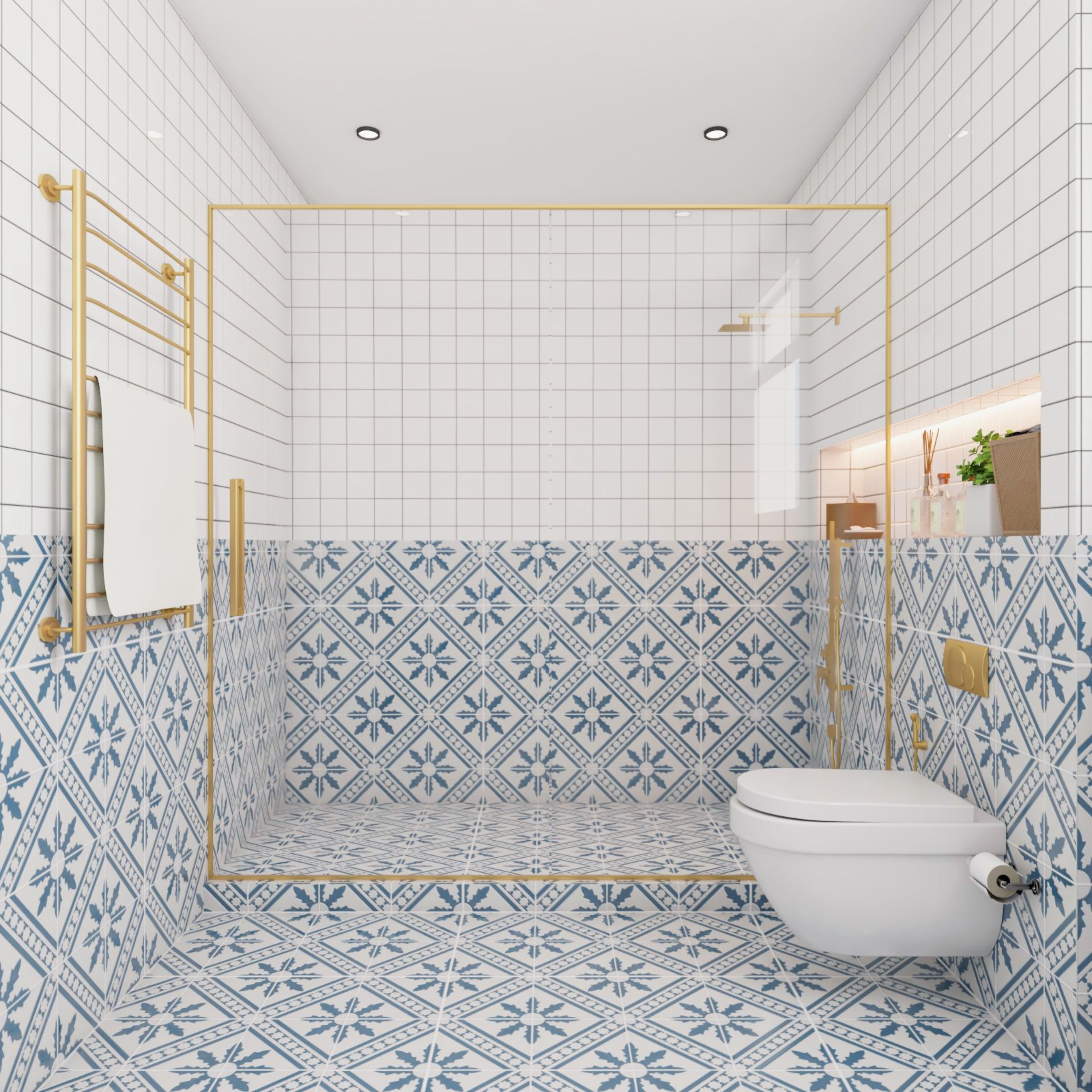 Moroccan-Pattern Blue And White Modern Bathroom Design With Glass Partition And Brass-Toned Frame - Livspace