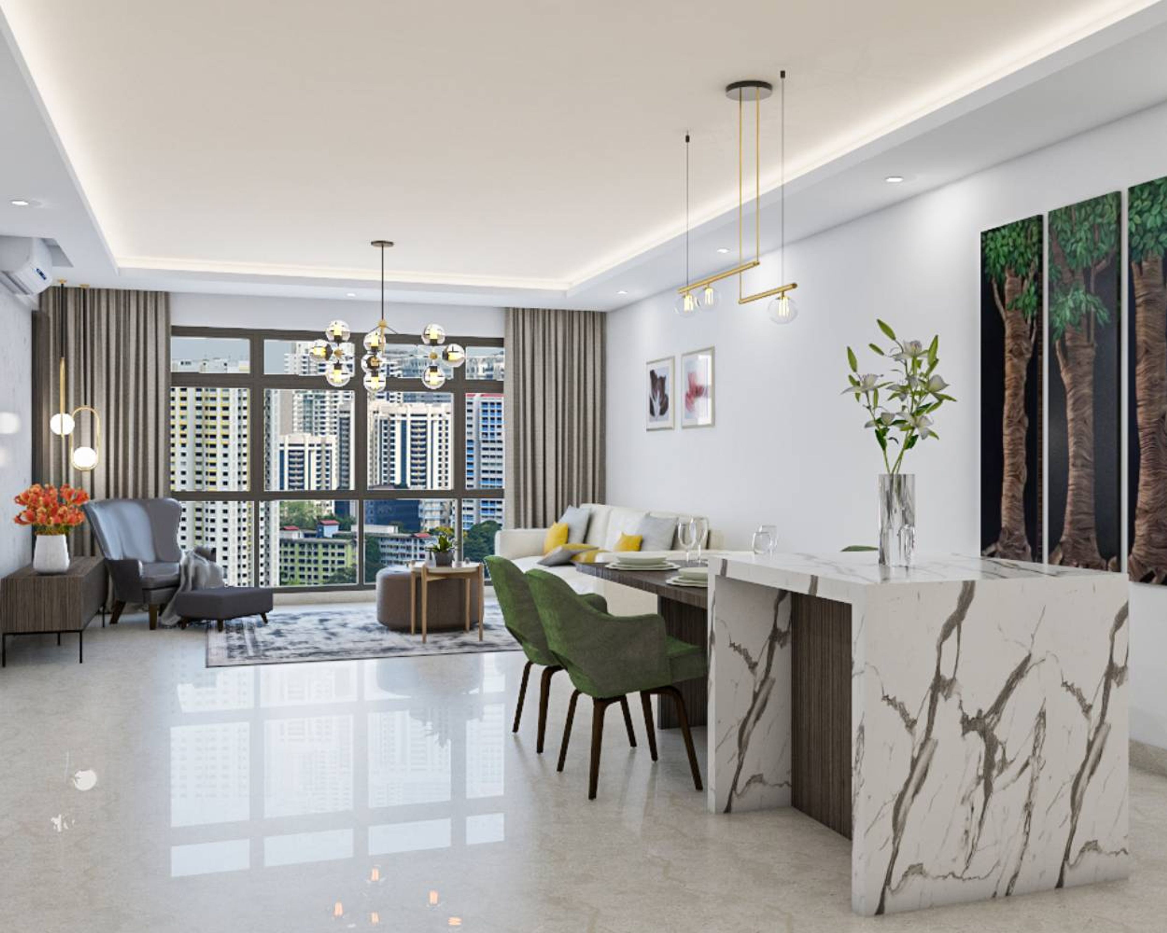 Contemporary Peripheral Rectangle Gypsum False Ceiling with Multiple Lighting Fixtures - Livspace
