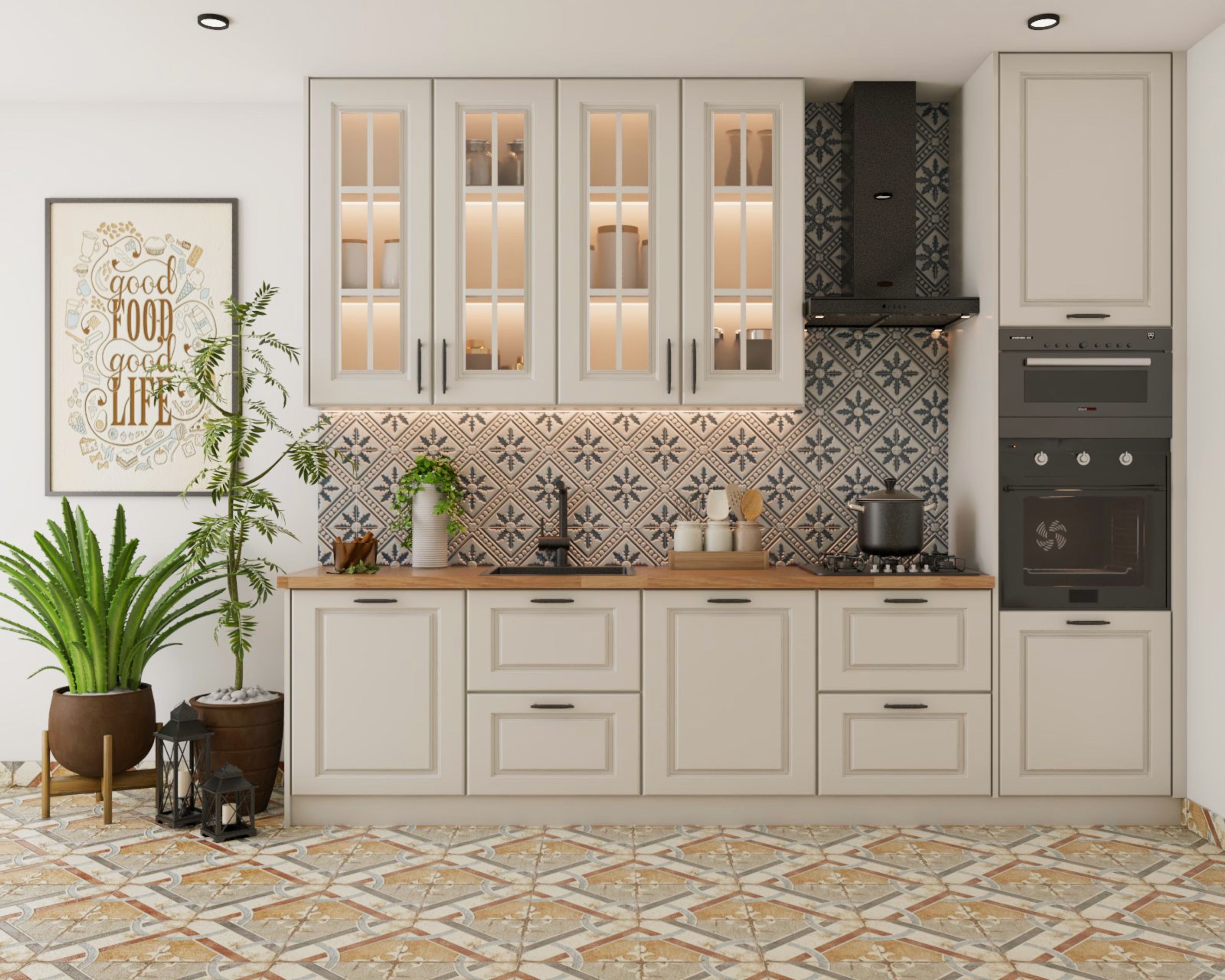 Stylish Cream Straight Kitchen with Wood Countertops, Textured Beige Geometric Dado Tiles, and Ample Storage - Livspace