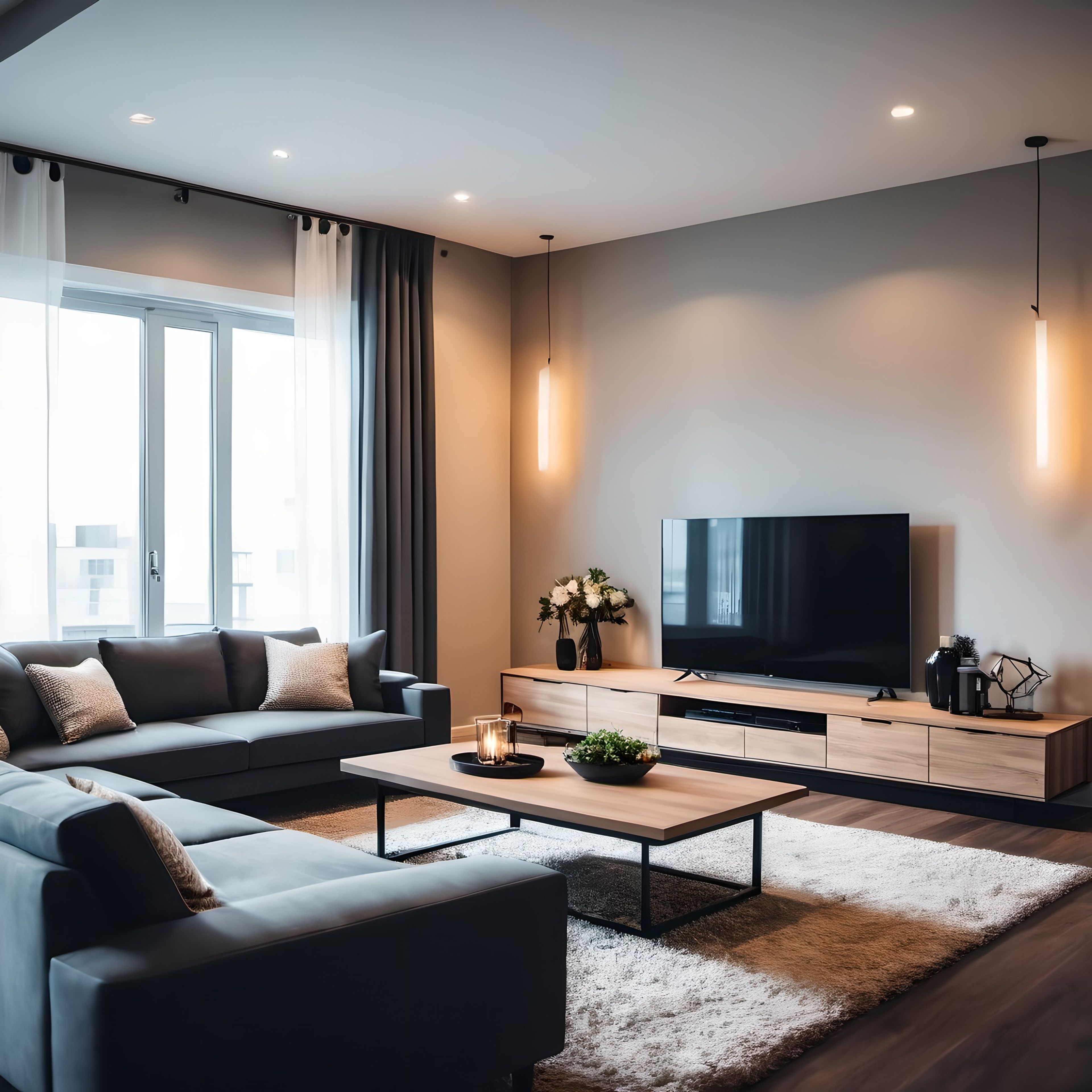 Modern living room with L-shaped sofa and wooden center table - Livspace