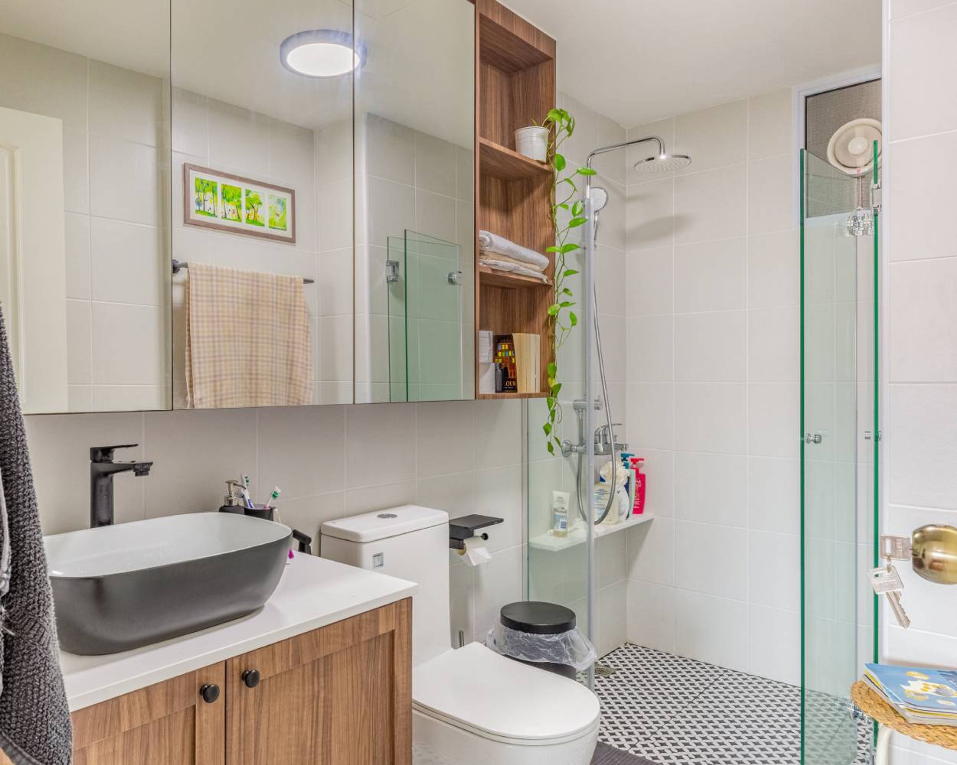 "Timeless Classic Bathroom Design with Beige Tiles and Wooden Vanity - Livspace    "