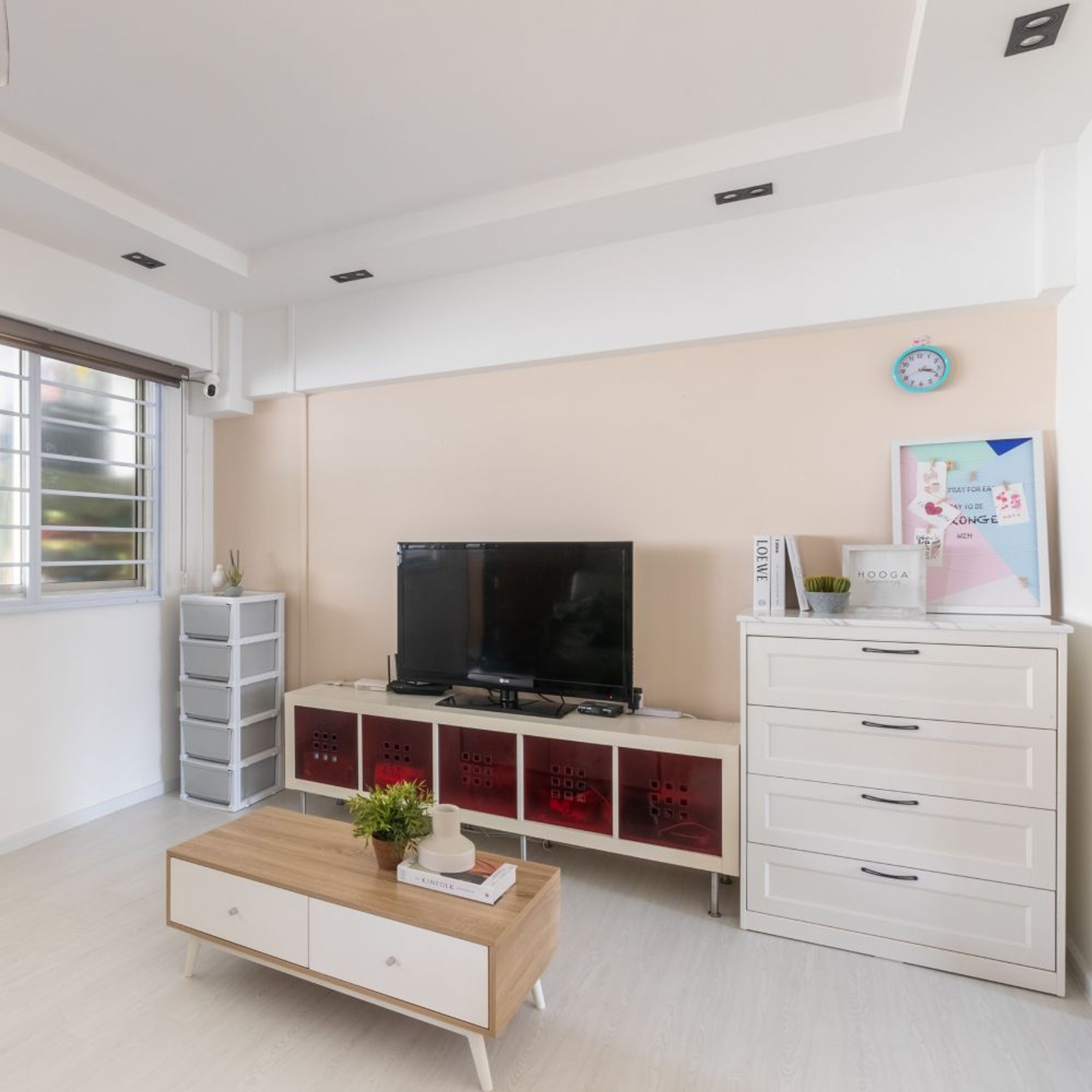 Beige And Red Semi-Glossy Floor-Mounted TV Unit Design With Independent Storage Units - Livspace