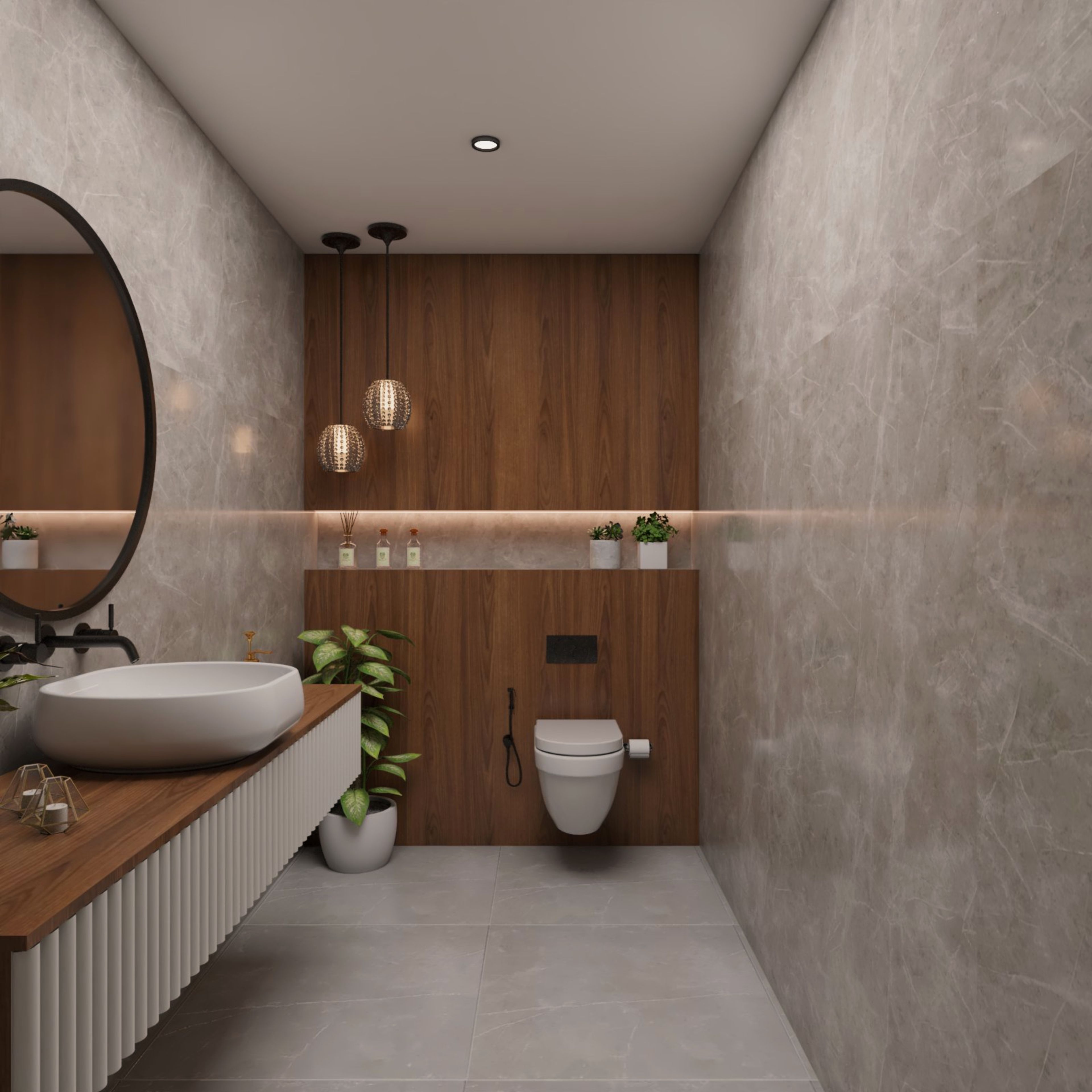 Compact Bathroom Design With Grey Tiles, White-Wood Vanity Unit, Wooden Wall Panel And Circular Mirror - Livspace