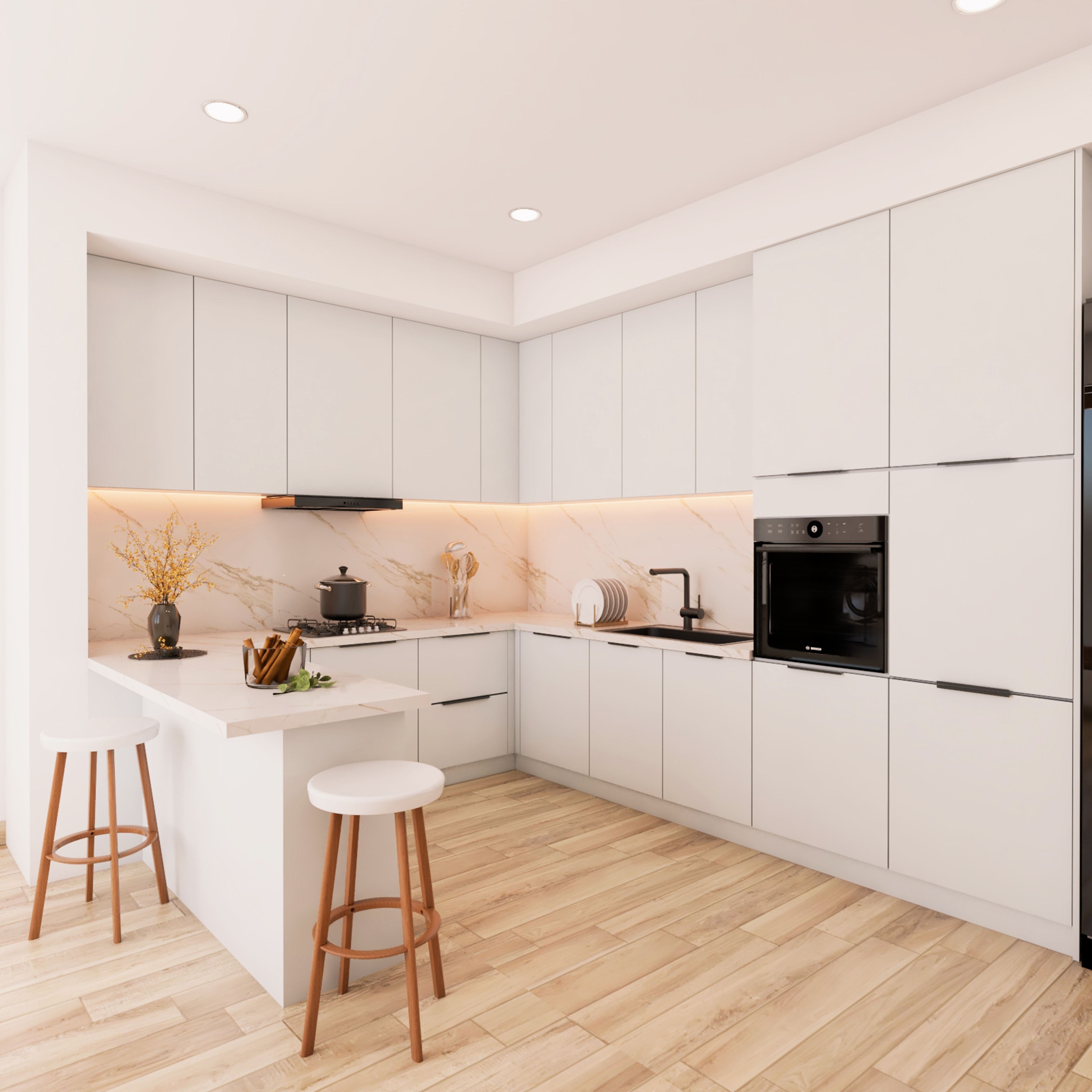 White Scandinavian Peninsula Kitchen Design With White Marble Backsplash - Livspace