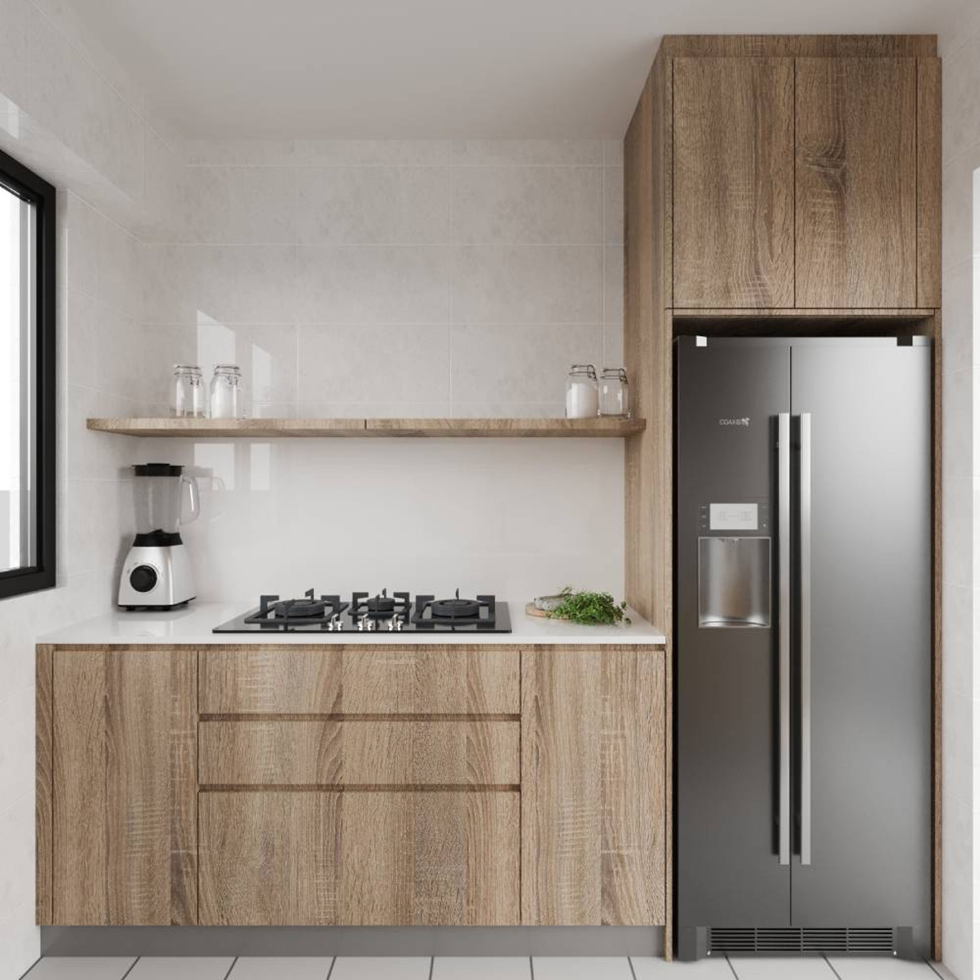 "Parallel Kitchen Design With Light Wood Base Cabinets And Tall Unit - Livspace Light Wood Parallel Kitchen Design With Washing Machine Unit - Livspace"