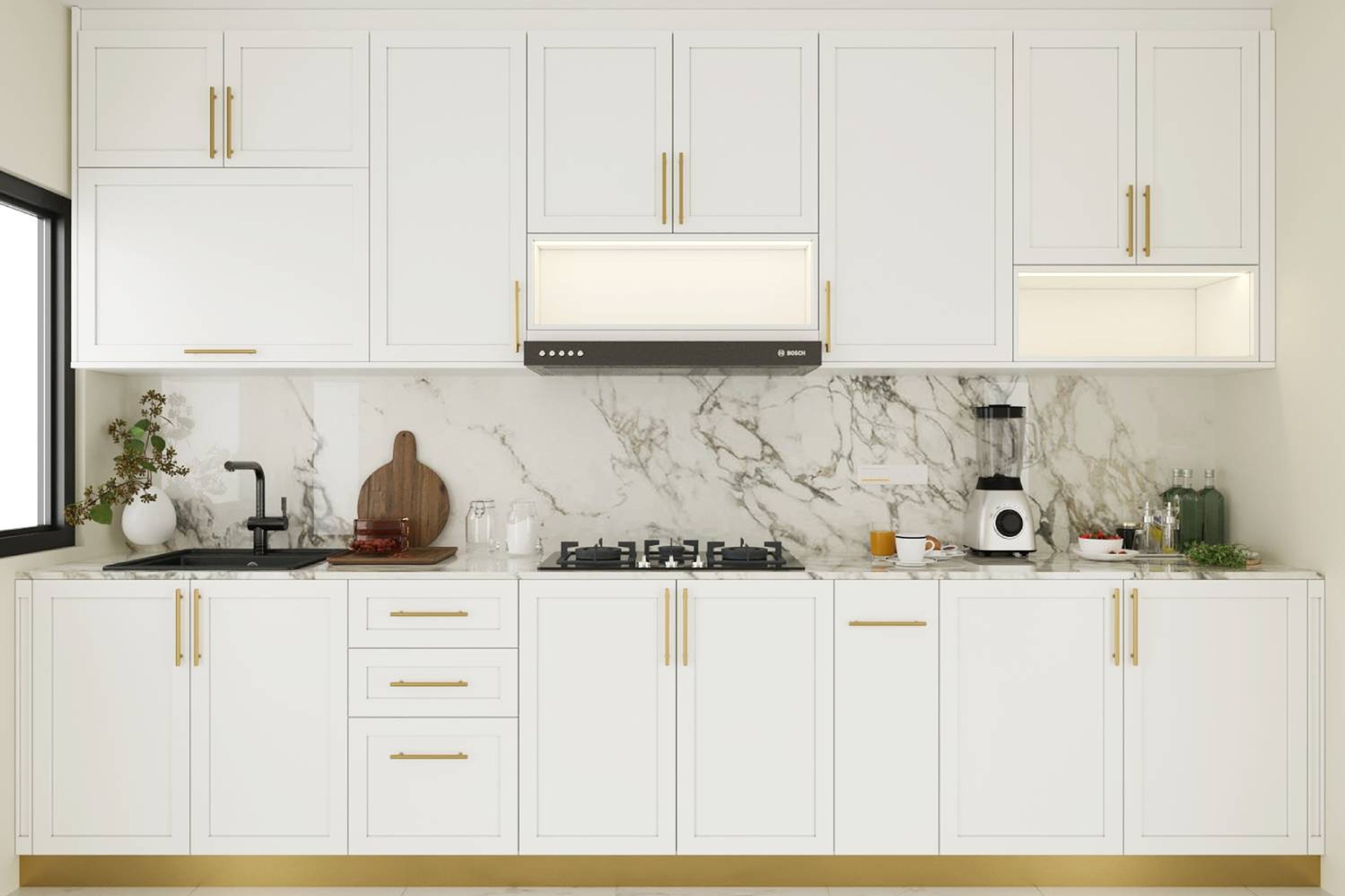 Classic Straight Kitchen Design In White With Gold Handles And Marble Backsplash - Livspace