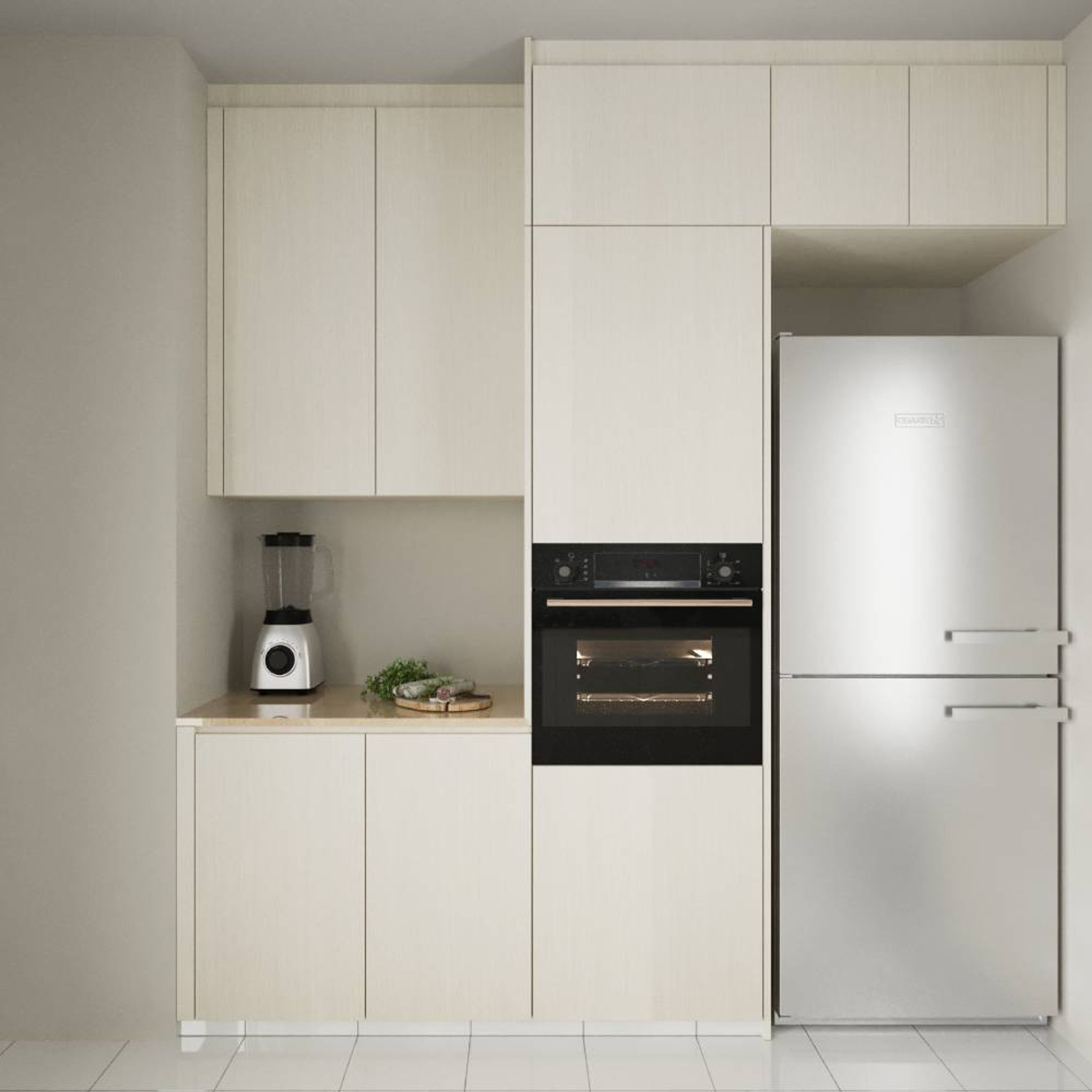 Light Wood Kitchen Design With Tall Storage Unit, Oven Unit And Refrigerator - Livspace