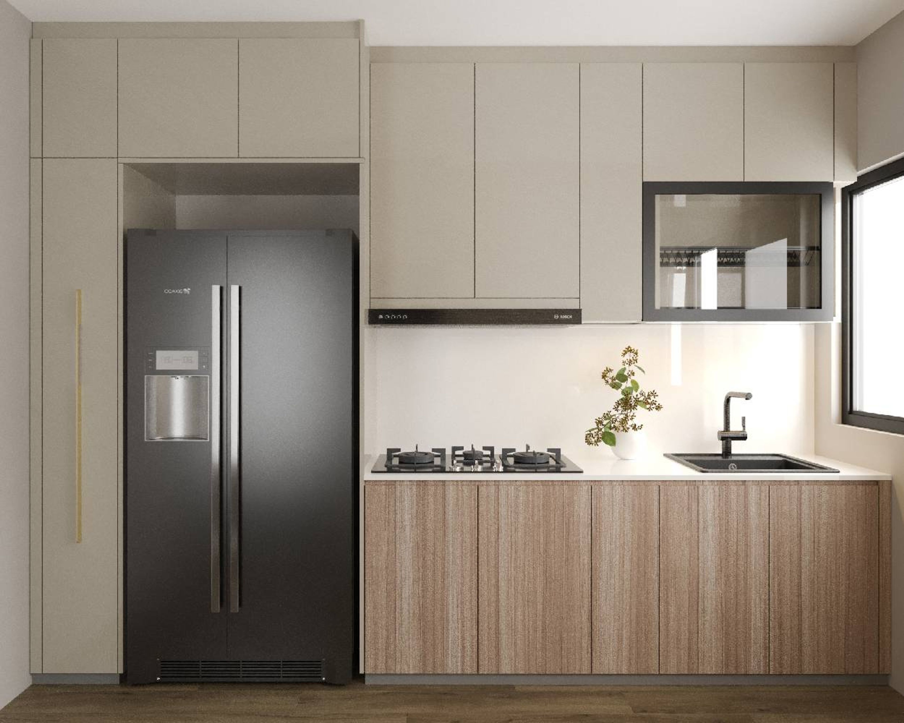 Light Wood And Grey Kitchen Design With Refrigerator Unit - Livspace