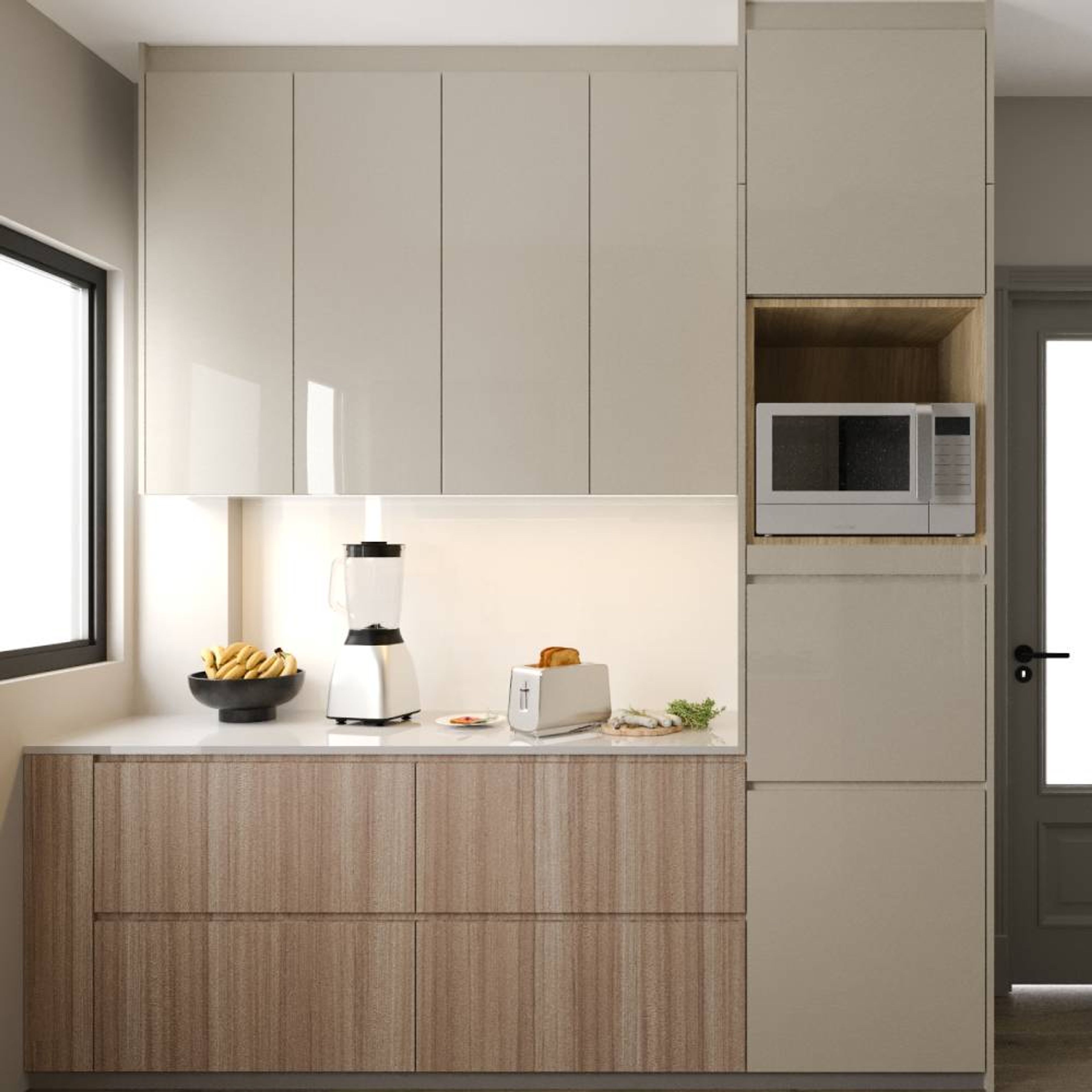 Grey And Wood Parallel Kitchen Design With Tall Unit And White Backsplash - Livspace