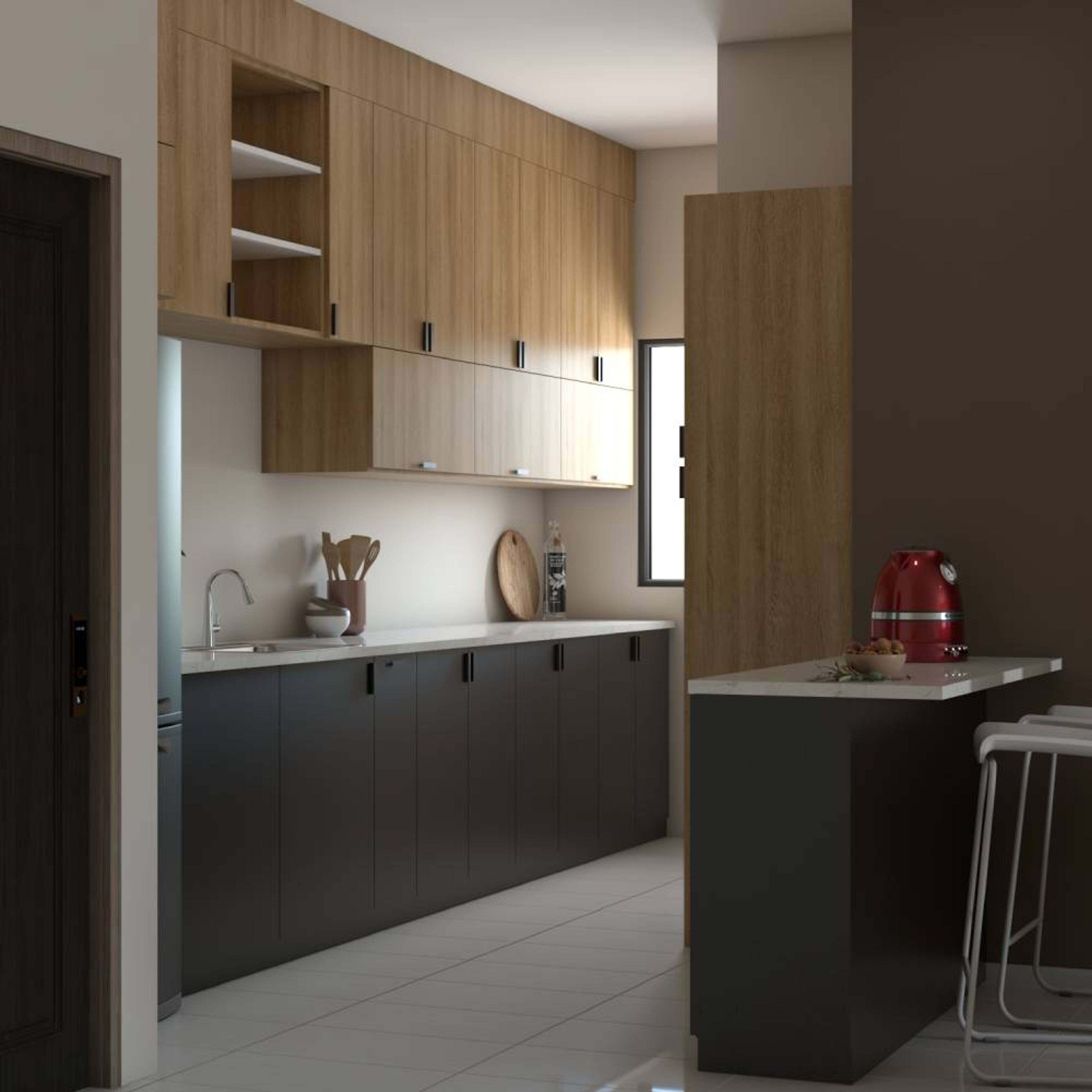 Black And Brown Parallel Kitchen Design With Breakfast Counter And High Chairs - Livspace